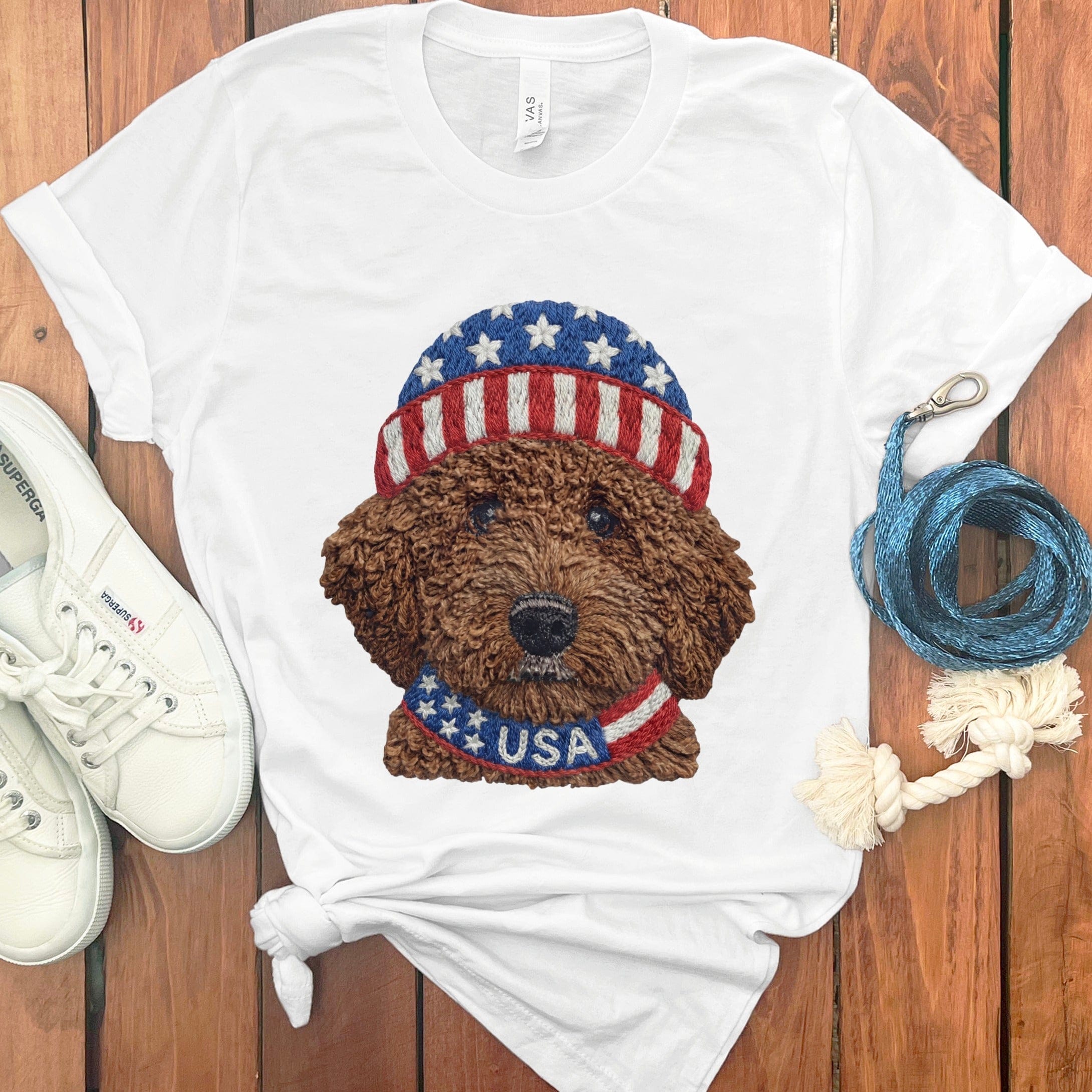 Patriotic Chocolate Doodle T-Shirt in White / S by Puppy Jo