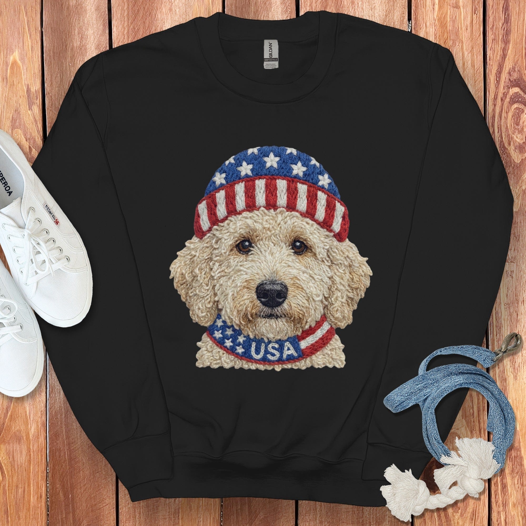 Patriotic Cream Doodle Sweatshirt in Black / S by Puppy Jo