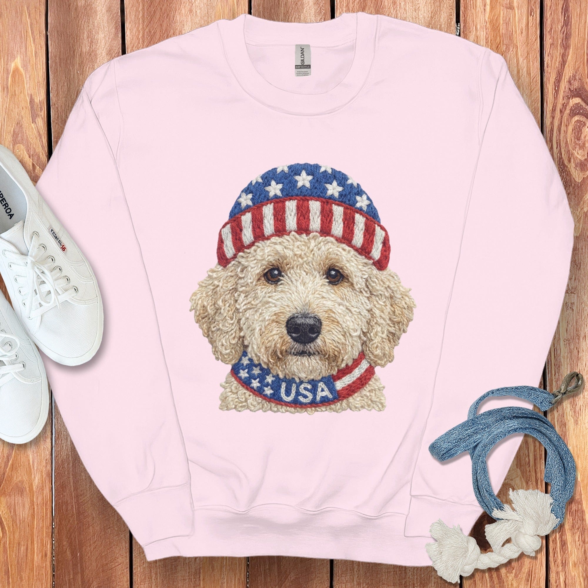 Patriotic Cream Doodle Sweatshirt in Light Pink / S by Puppy Jo