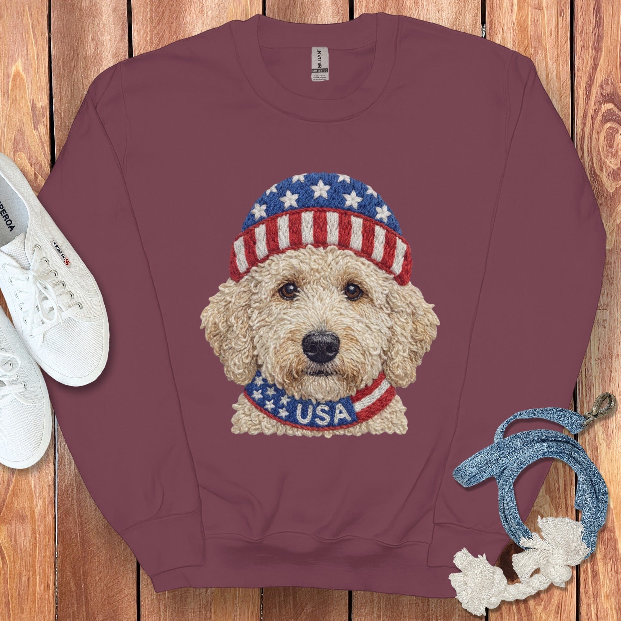 Patriotic Cream Doodle Sweatshirt in Maroon / S by Puppy Jo
