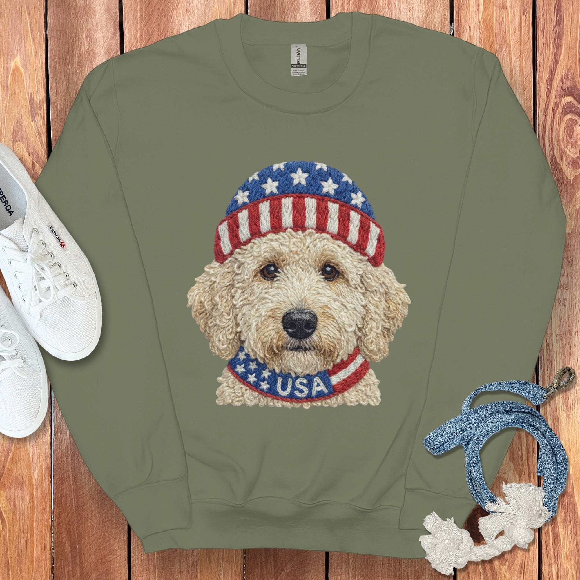Patriotic Cream Doodle Sweatshirt in Military Green / S by Puppy Jo