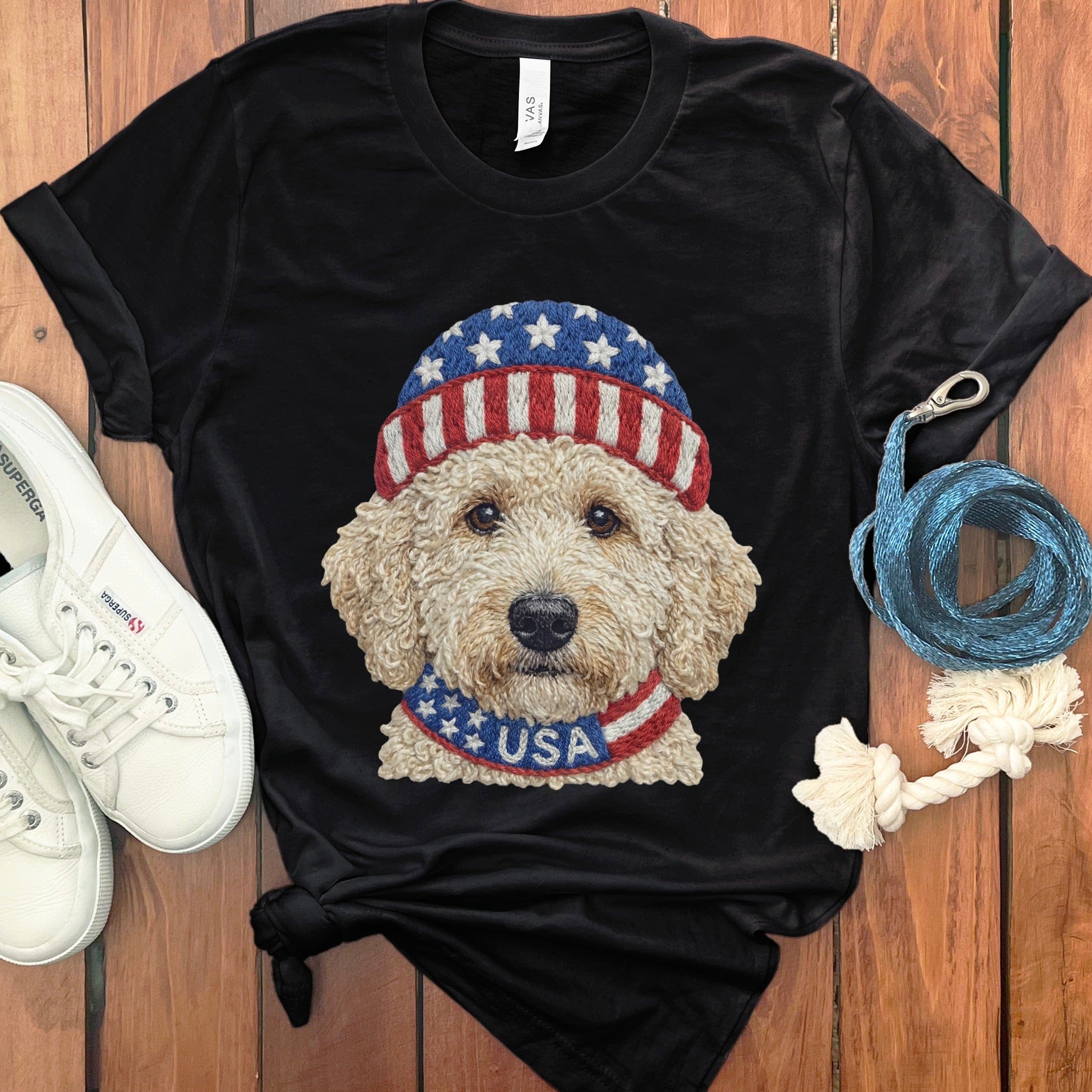 Patriotic Cream Doodle T-Shirt in Black / S by Puppy Jo