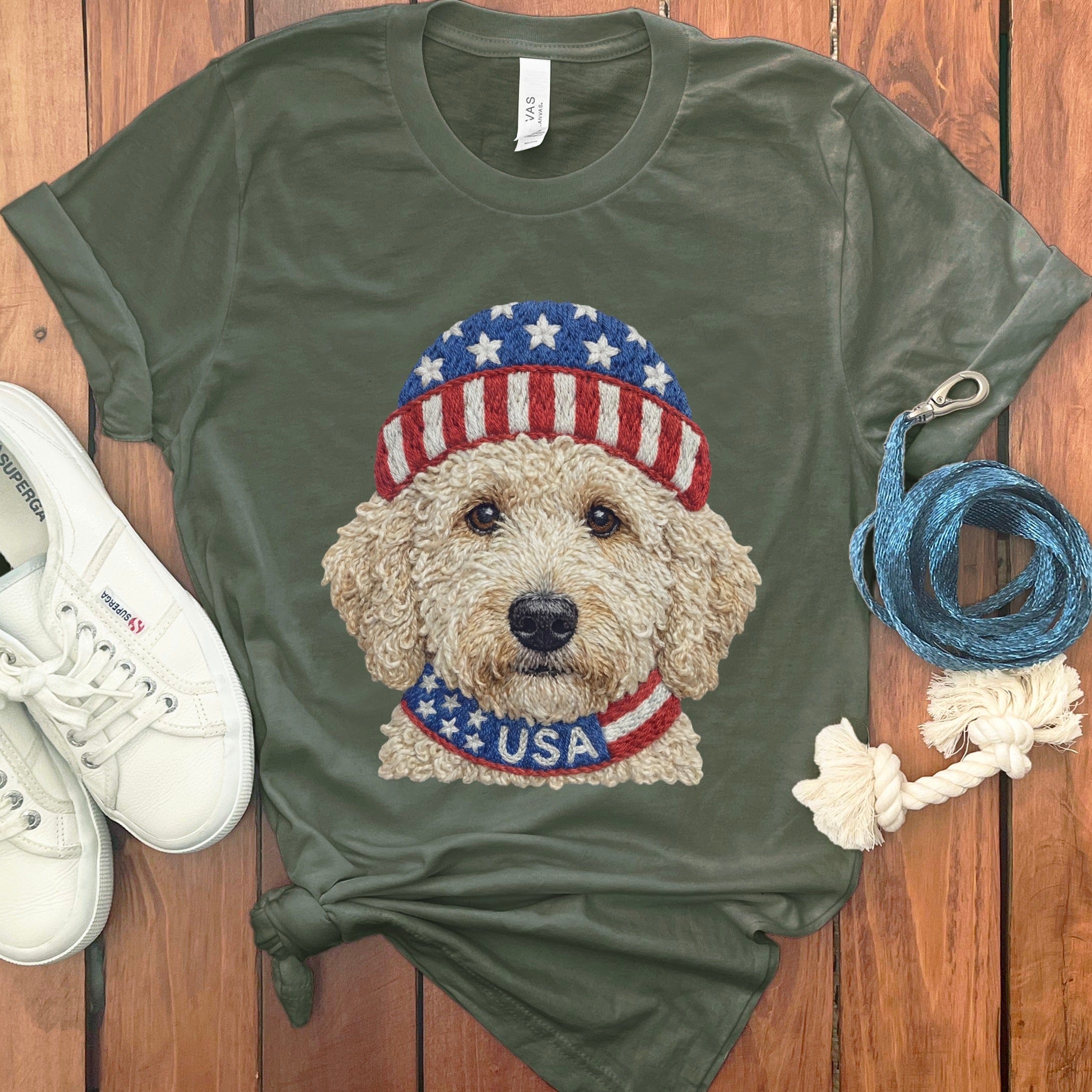 Patriotic Cream Doodle T-Shirt in Military Green / S by Puppy Jo
