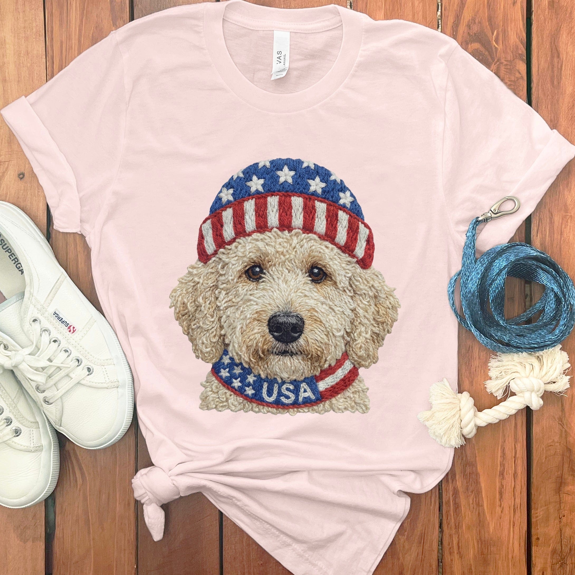 Patriotic Cream Doodle T-Shirt in Soft Pink / S by Puppy Jo