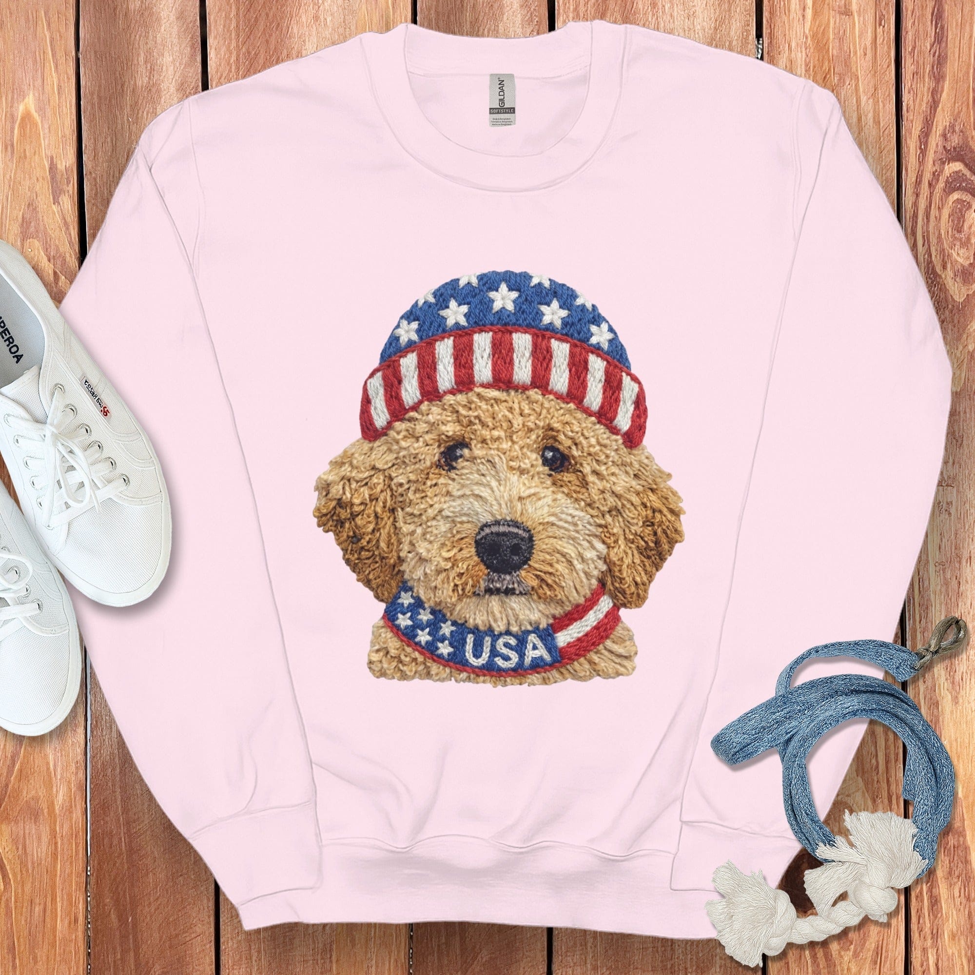 Patriotic Golden Doodle Sweatshirt in Light Pink / S by Puppy Jo