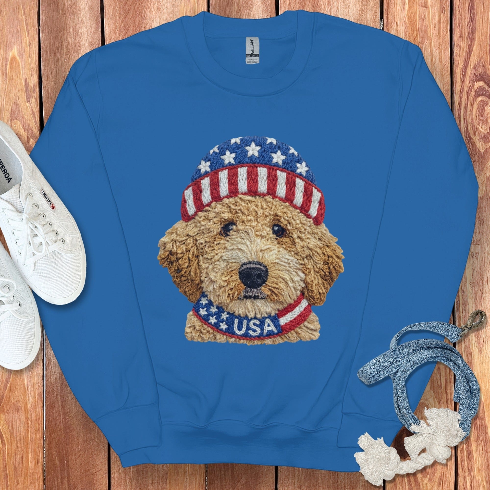 Patriotic Golden Doodle Sweatshirt in Royal / S by Puppy Jo