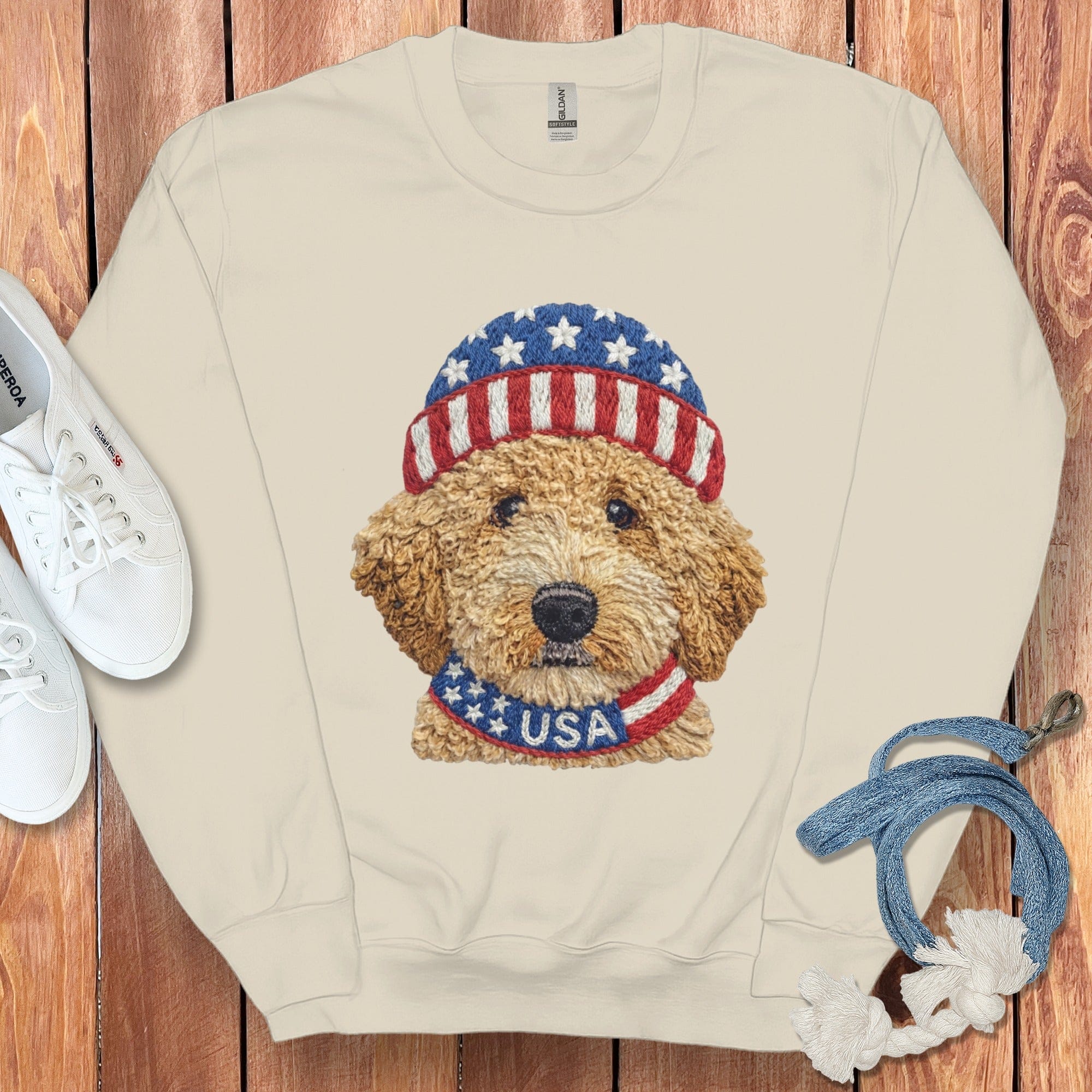 Patriotic Golden Doodle Sweatshirt in Sand / S by Puppy Jo