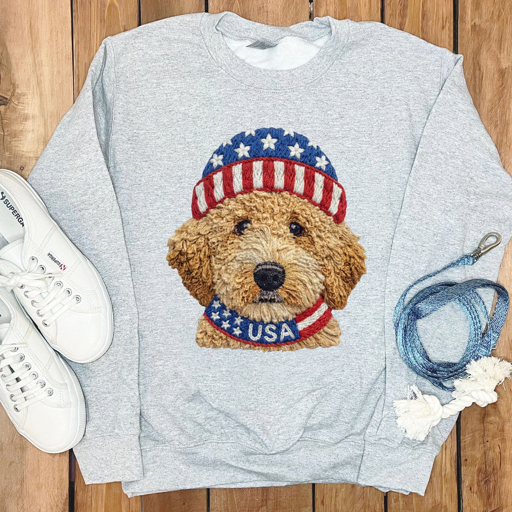 Patriotic Golden Doodle Sweatshirt in Sport Grey / S by Puppy Jo