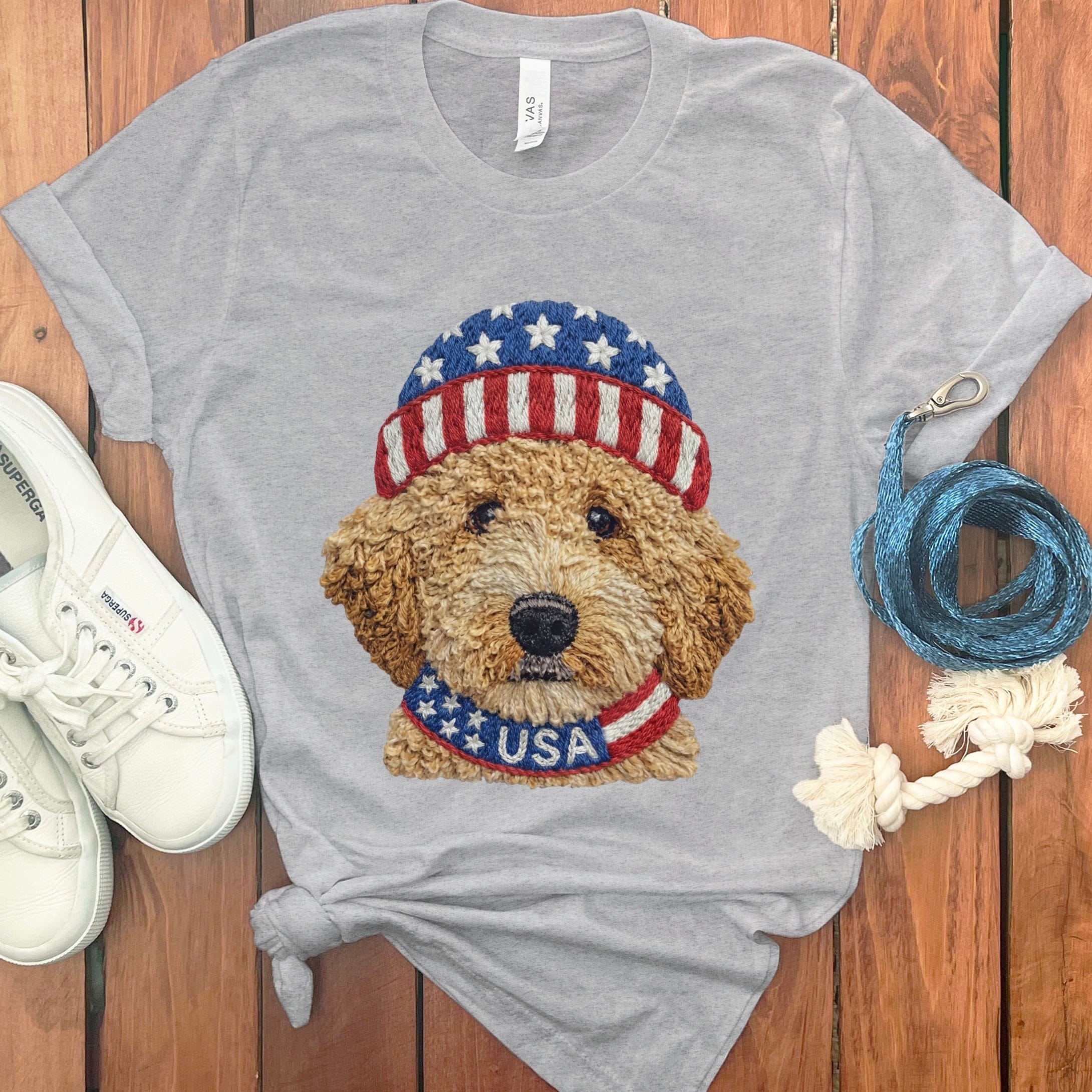 Patriotic Golden Doodle T-Shirt in Athletic Heather / S by Puppy Jo