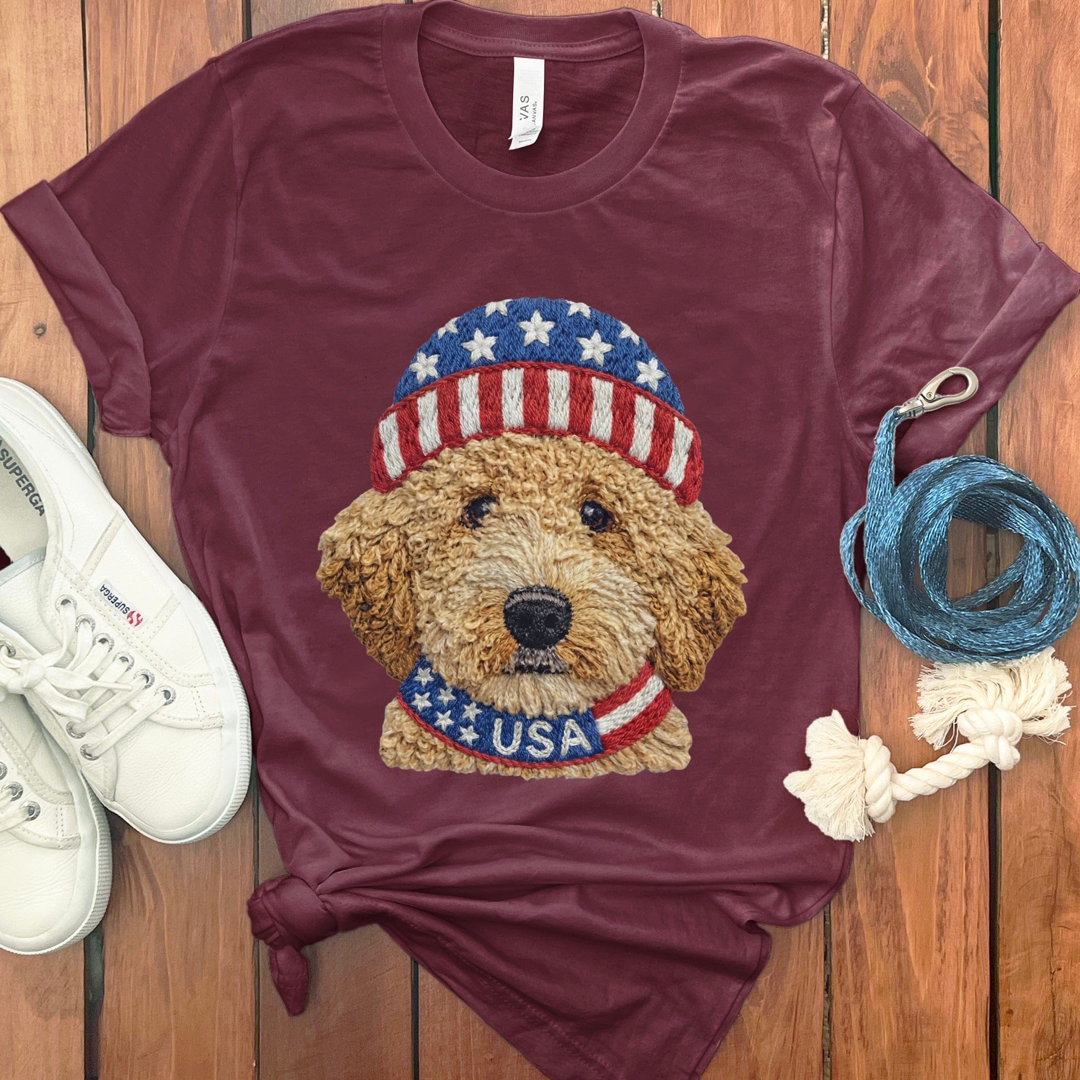 Patriotic Golden Doodle T-Shirt in Maroon / S by Puppy Jo