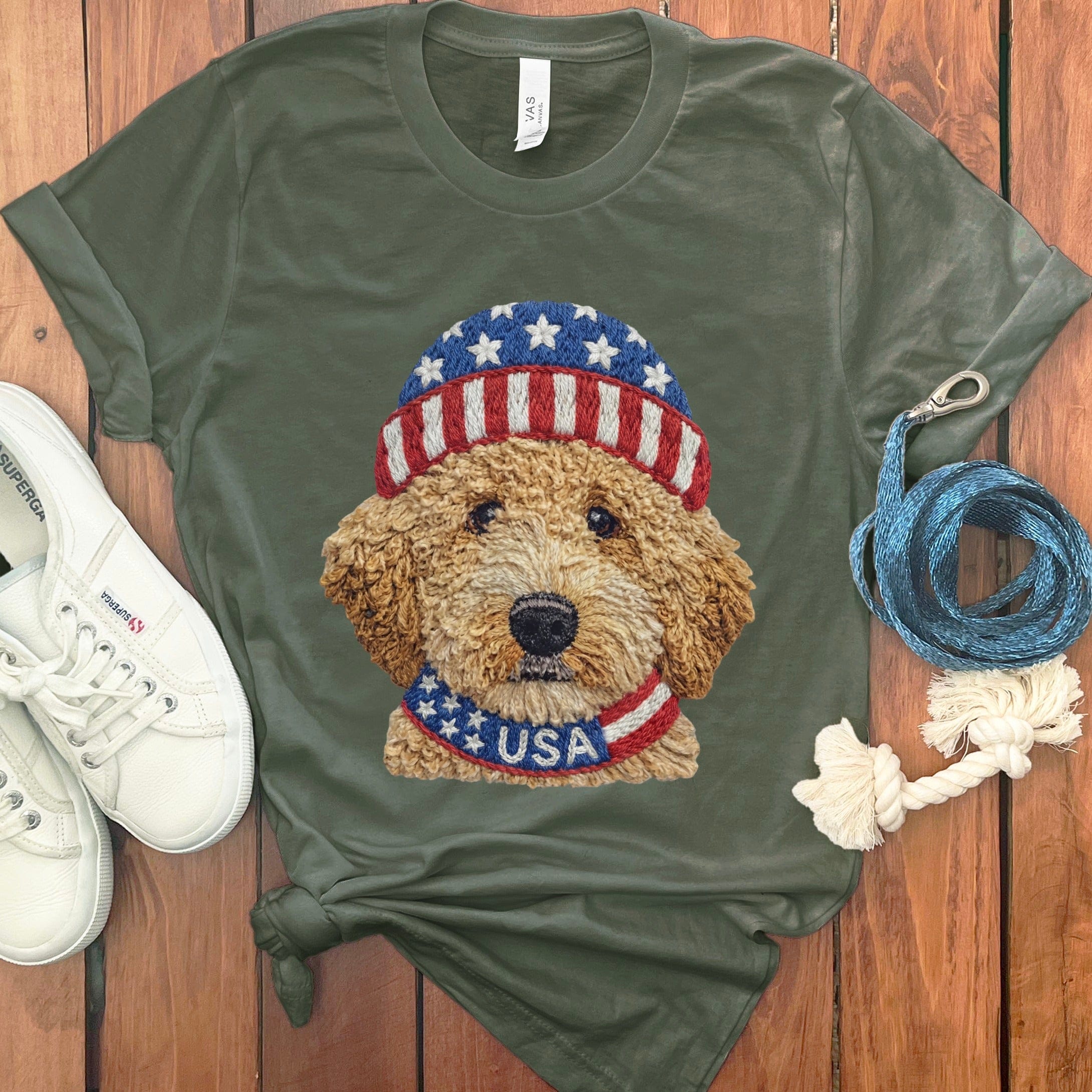 Patriotic Golden Doodle T-Shirt in Military Green / S by Puppy Jo