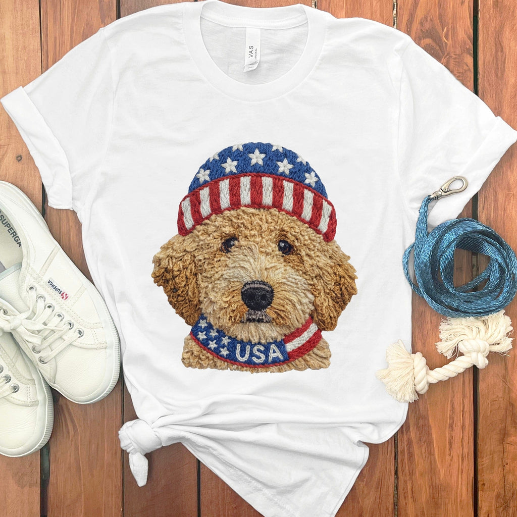Patriotic Golden Doodle T-Shirt in White / S by Puppy Jo