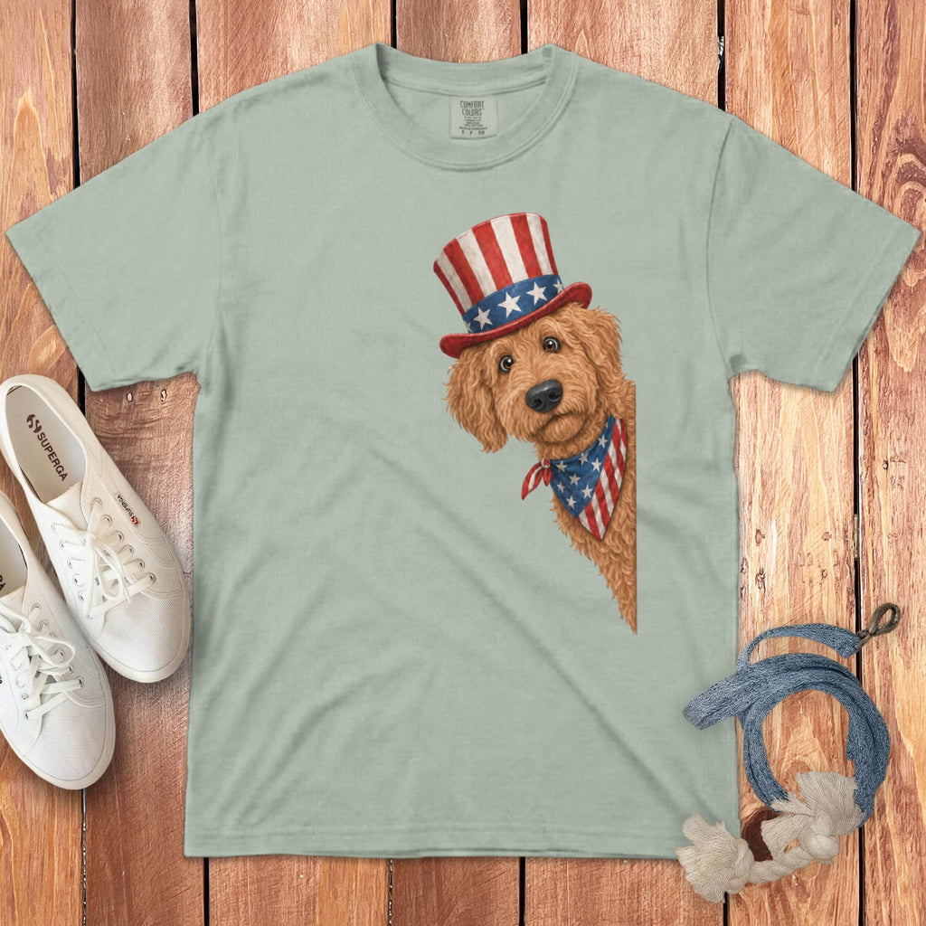 Patriotic Peeking Apricot Goldendoodle Signature T-Shirt in Bay / S by Puppy Jo