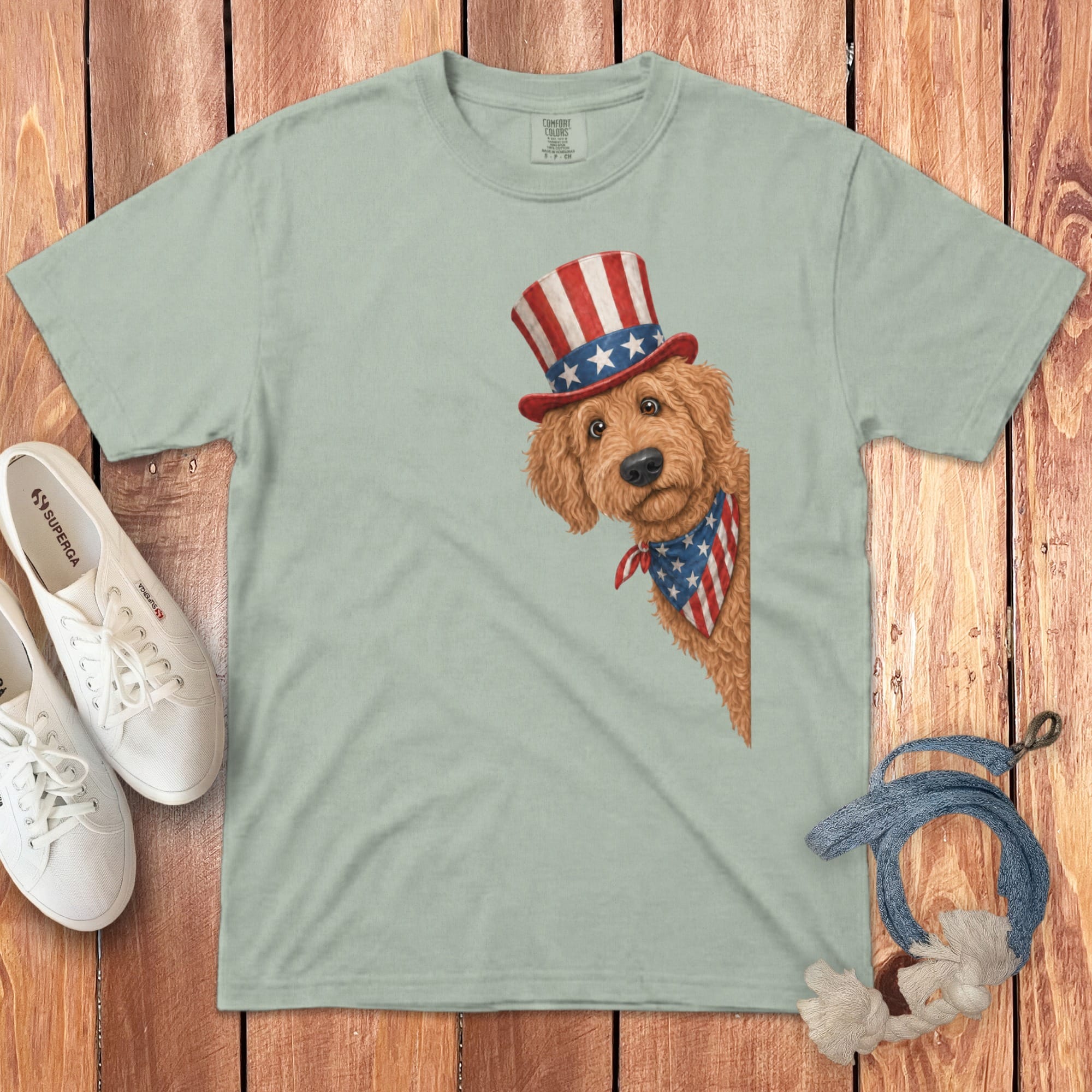Patriotic Peeking Apricot Goldendoodle Signature T-Shirt in Bay / S by Puppy Jo