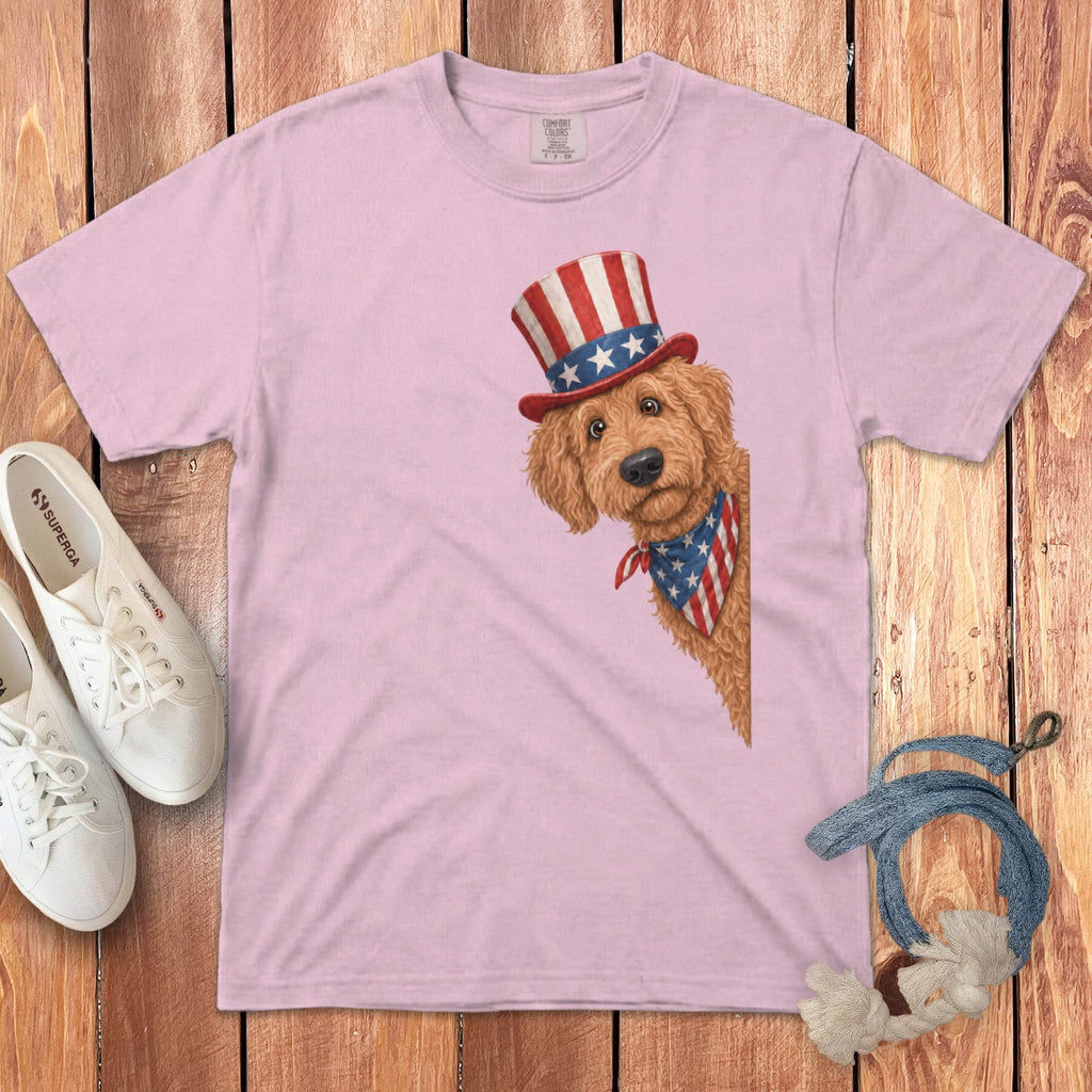 Patriotic Peeking Apricot Goldendoodle Signature T-Shirt in Blossom / S by Puppy Jo