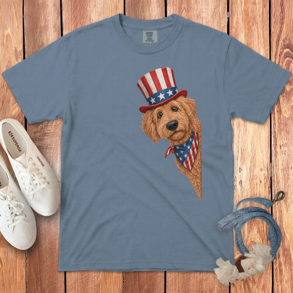Patriotic Peeking Apricot Goldendoodle Signature T-Shirt in Blue Jean / S by Puppy Jo