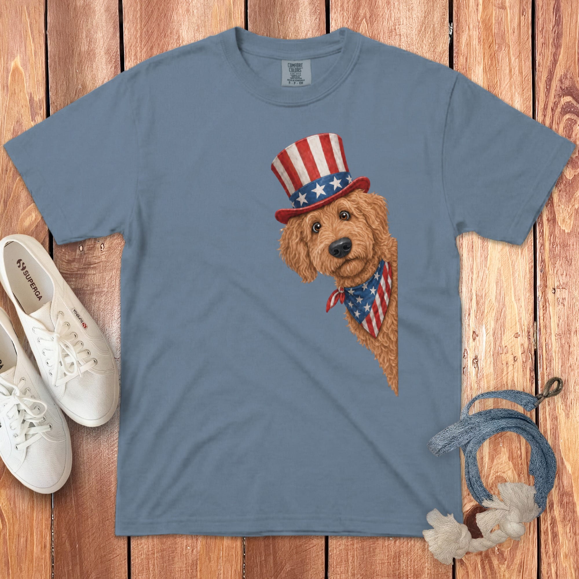 Patriotic Peeking Apricot Goldendoodle Signature T-Shirt in Blue Jean / S by Puppy Jo