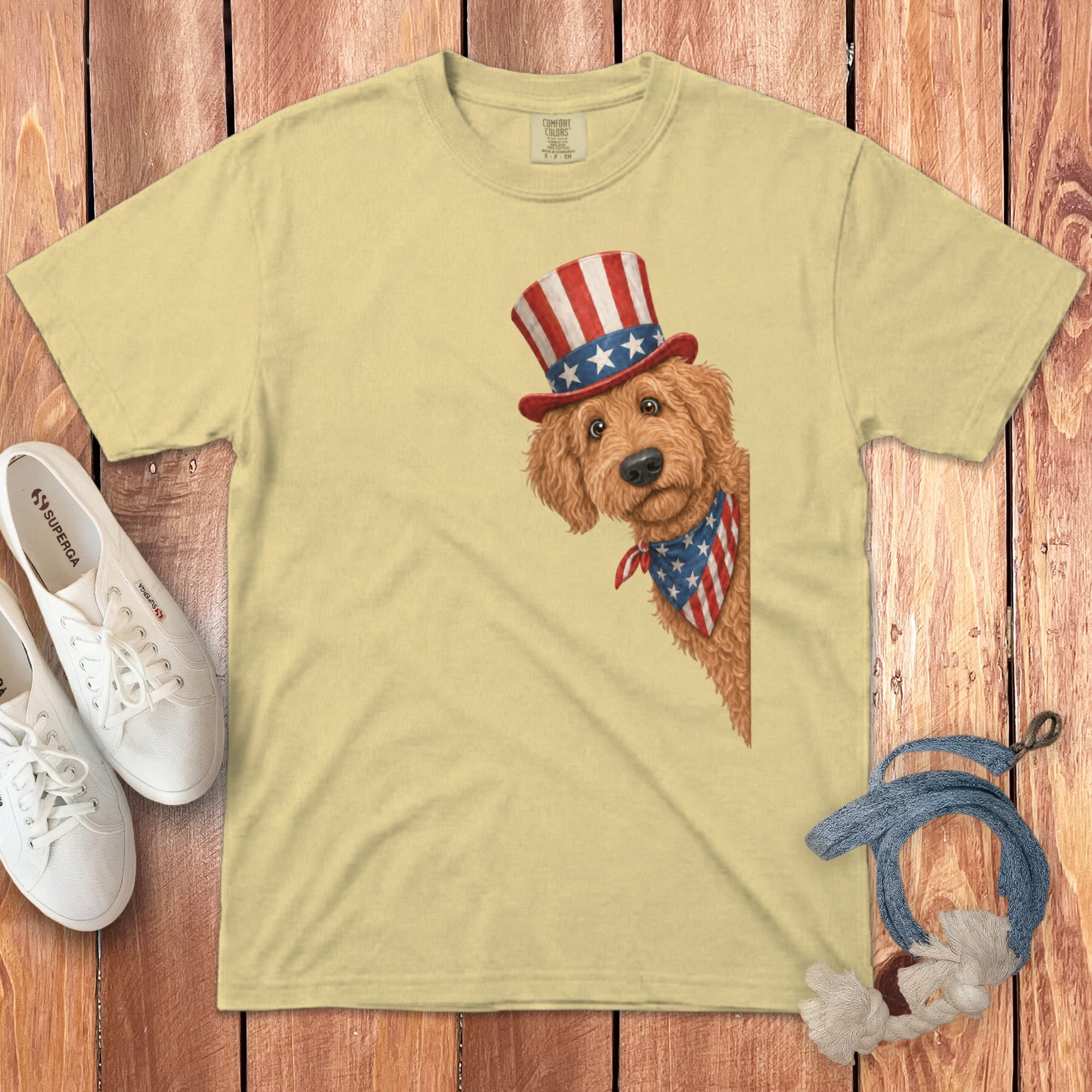 Patriotic Peeking Apricot Goldendoodle Signature T-Shirt in Butter / S by Puppy Jo