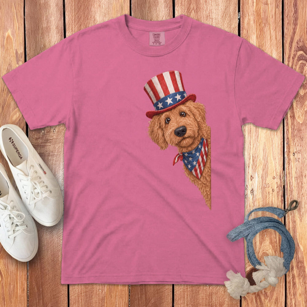 Patriotic Peeking Apricot Goldendoodle Signature T-Shirt in Crunchberry / S by Puppy Jo