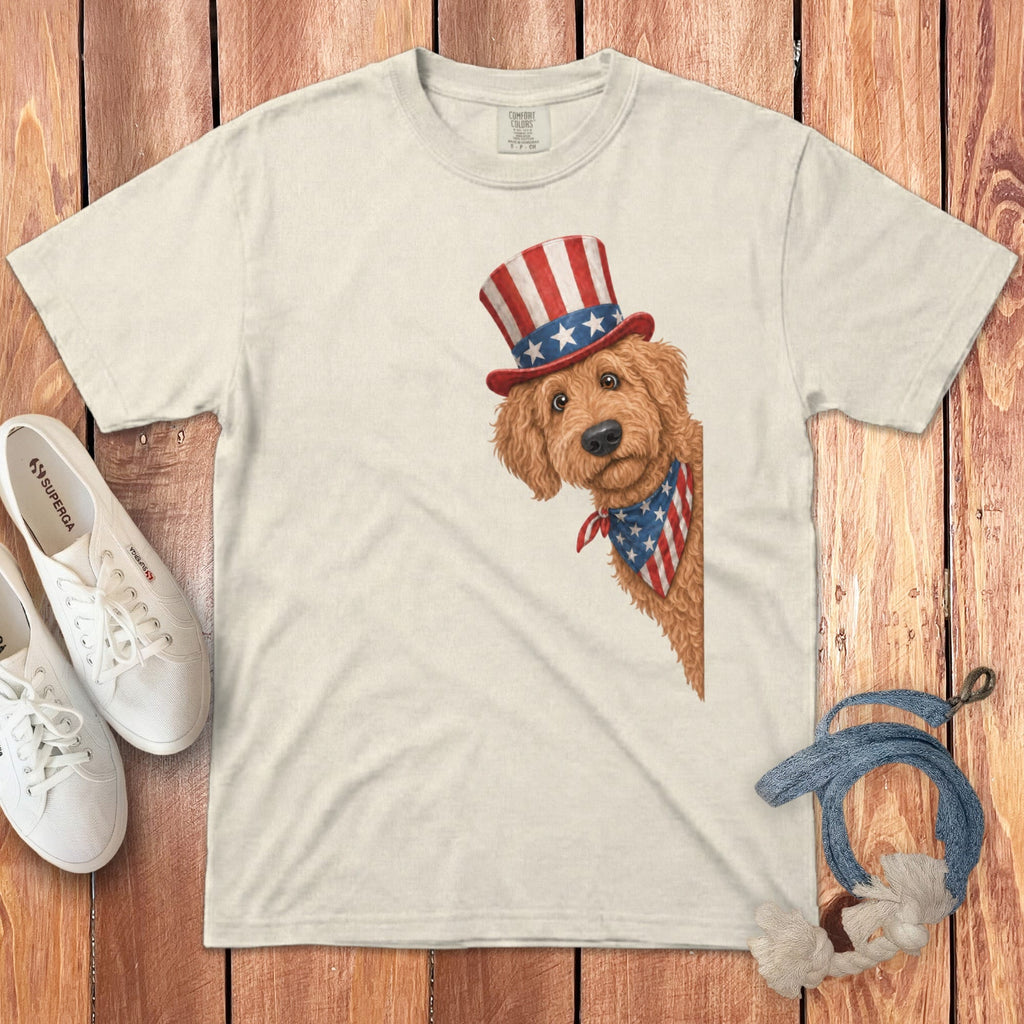 Patriotic Peeking Apricot Goldendoodle Signature T-Shirt in Ivory / S by Puppy Jo