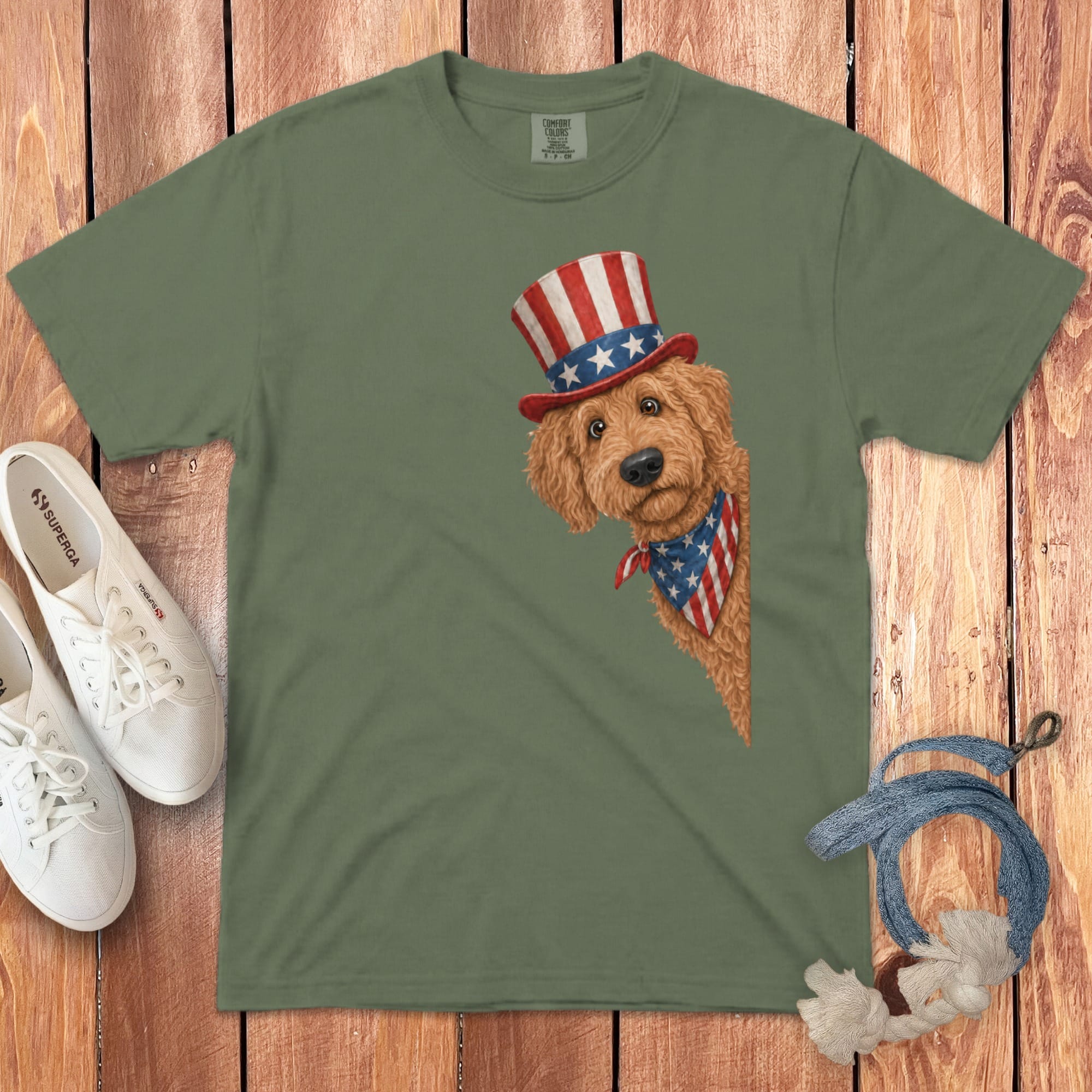 Patriotic Peeking Apricot Goldendoodle Signature T-Shirt in Moss / S by Puppy Jo
