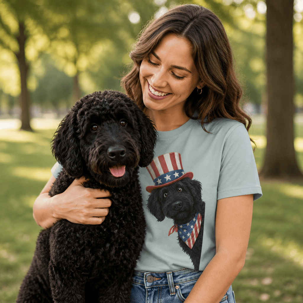 Patriotic Peeking Apricot Goldendoodle Signature T-Shirt in by Puppy Jo