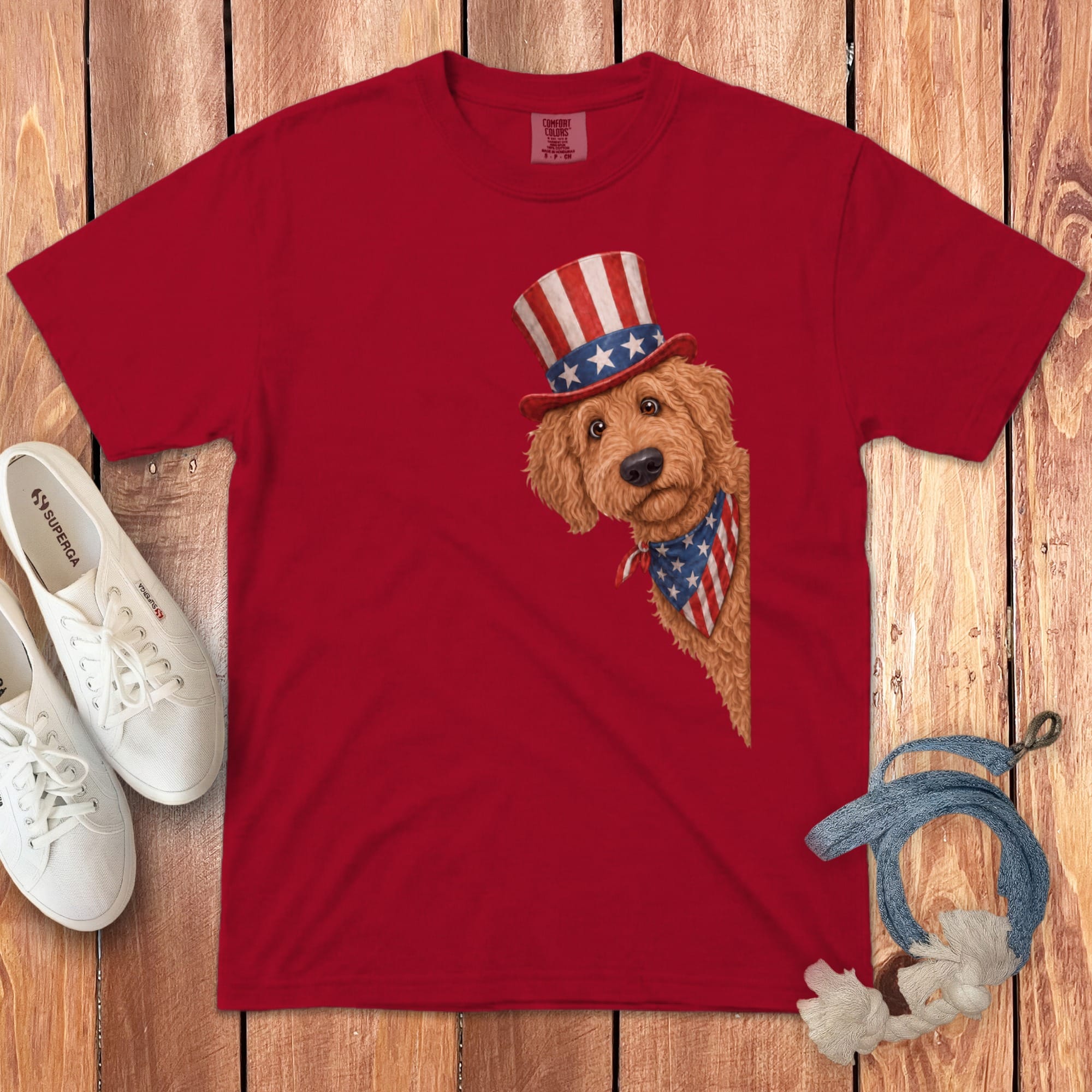 Patriotic Peeking Apricot Goldendoodle Signature T-Shirt in Red / S by Puppy Jo