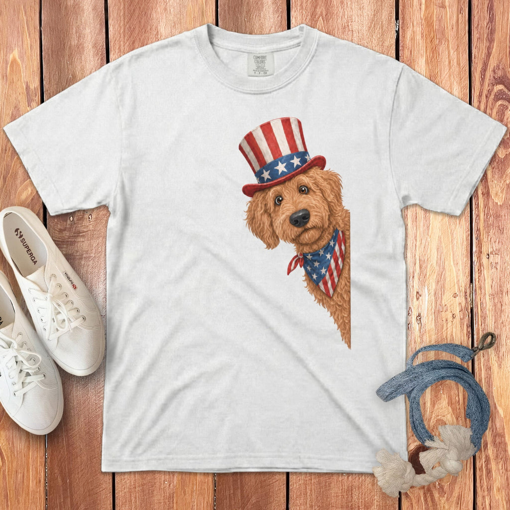 Patriotic Peeking Apricot Goldendoodle Signature T-Shirt in White / S by Puppy Jo