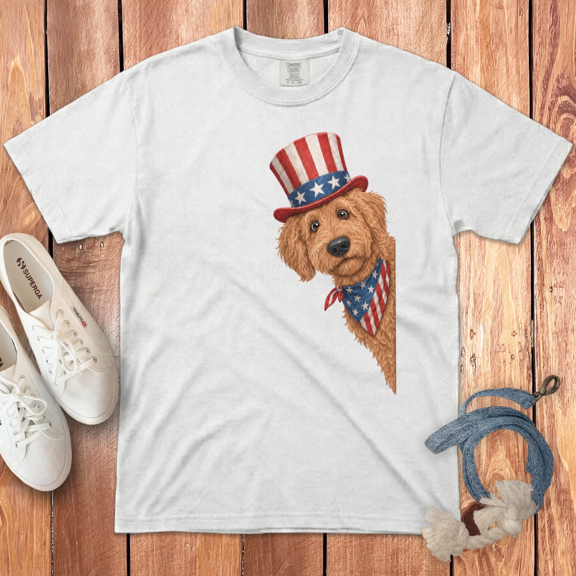 Patriotic Peeking Apricot Goldendoodle Signature T-Shirt in White / S by Puppy Jo