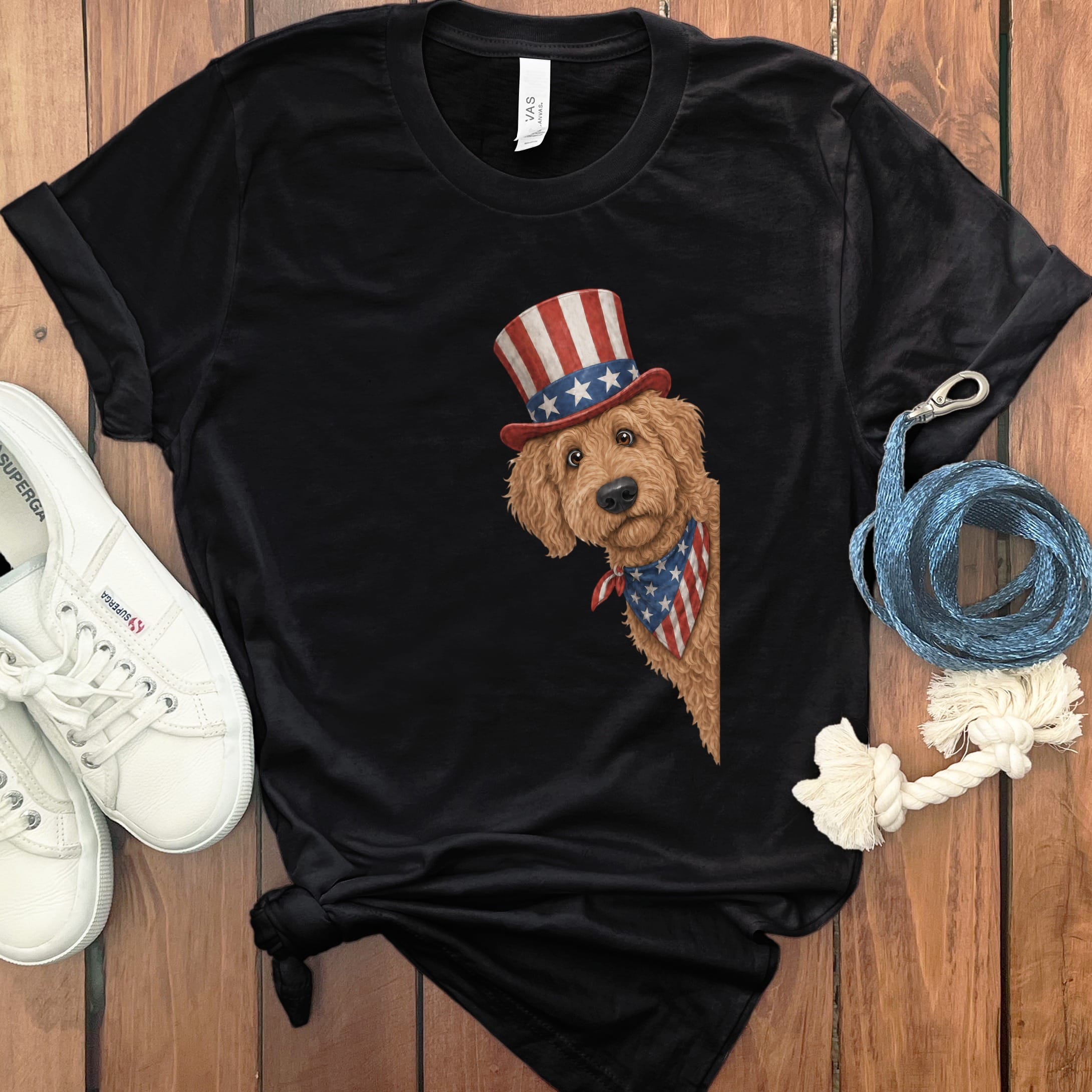 Patriotic Peeking Apricot Goldendoodle T-Shirt in Black / S by Puppy Jo