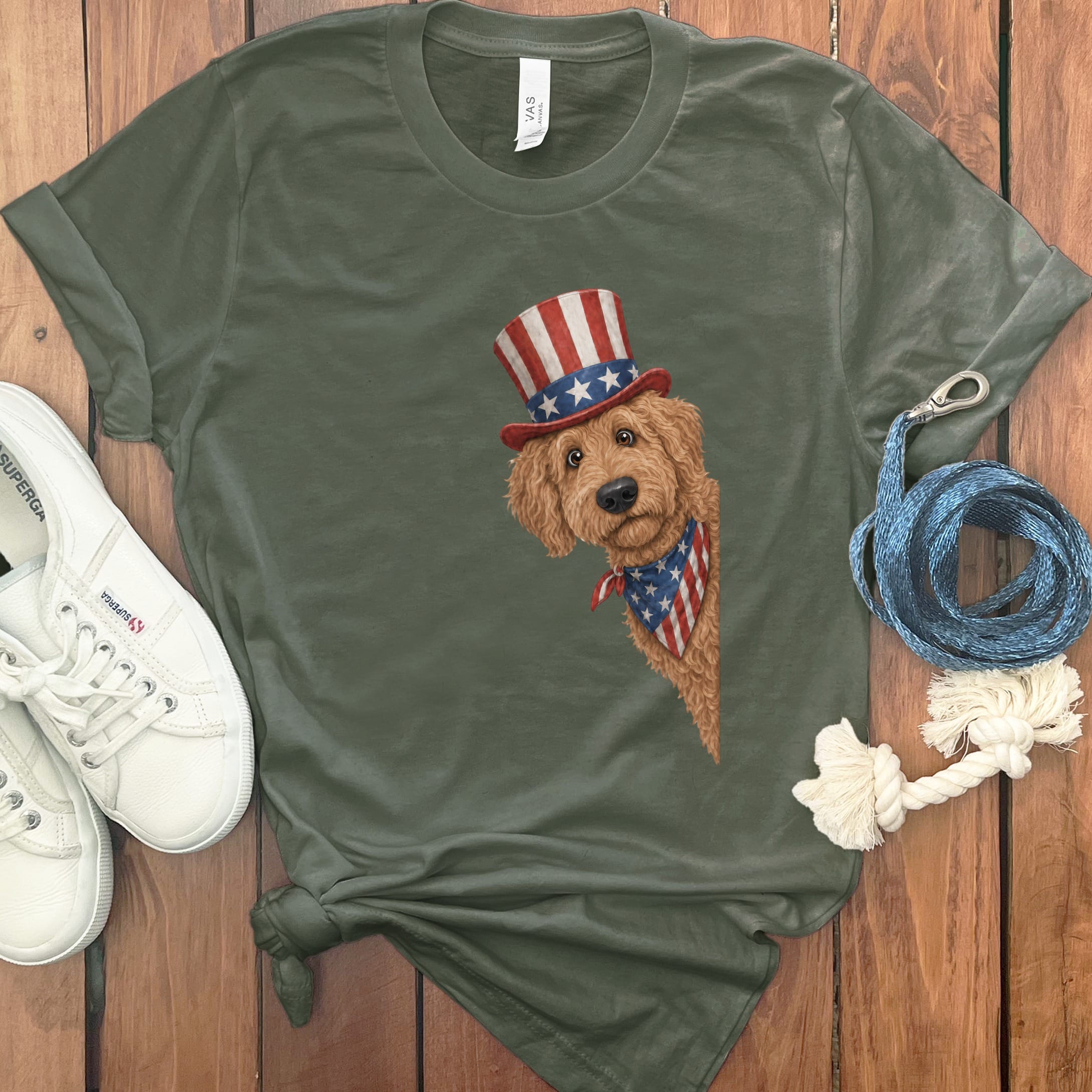 Patriotic Peeking Apricot Goldendoodle T-Shirt in Military Green / S by Puppy Jo