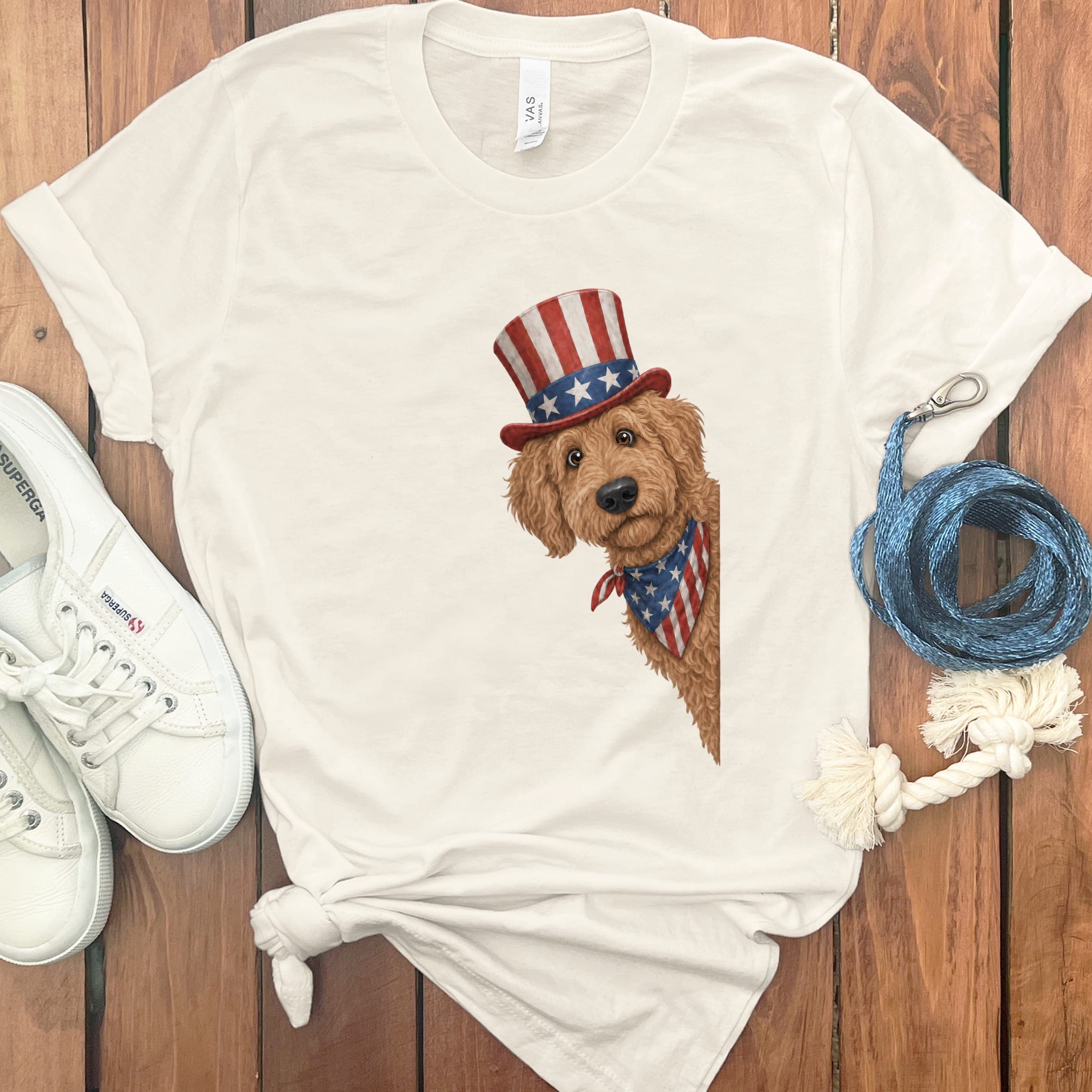 Patriotic Peeking Apricot Goldendoodle T-Shirt in Natural / S by Puppy Jo