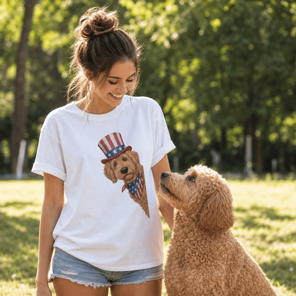 Patriotic Peeking Apricot Goldendoodle T-Shirt in by Puppy Jo
