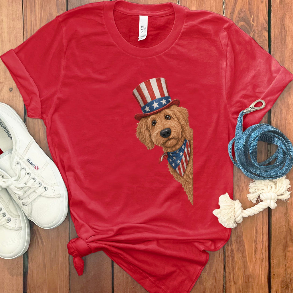 Patriotic Peeking Apricot Goldendoodle T-Shirt in Red / S by Puppy Jo