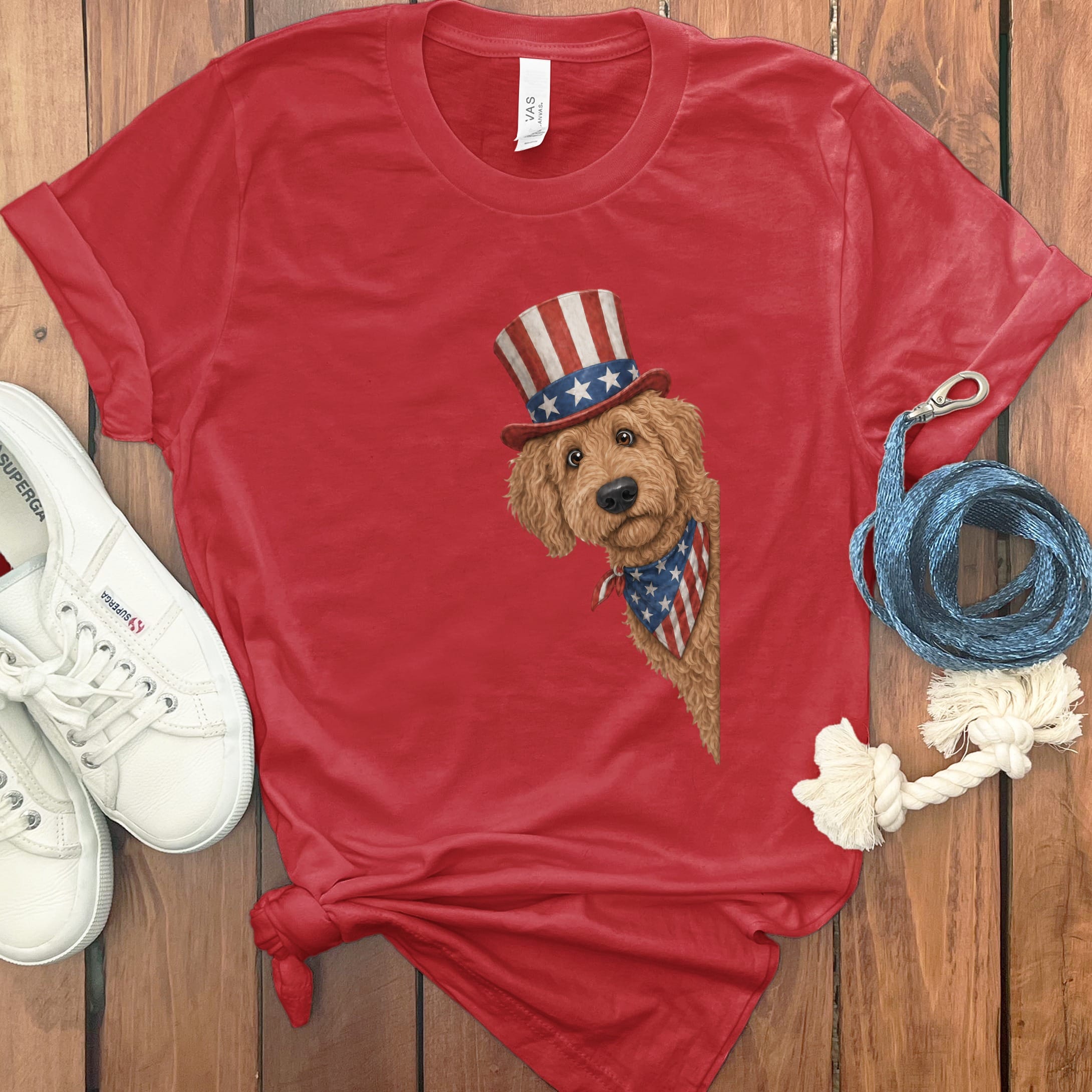 Patriotic Peeking Apricot Goldendoodle T-Shirt in Red / S by Puppy Jo