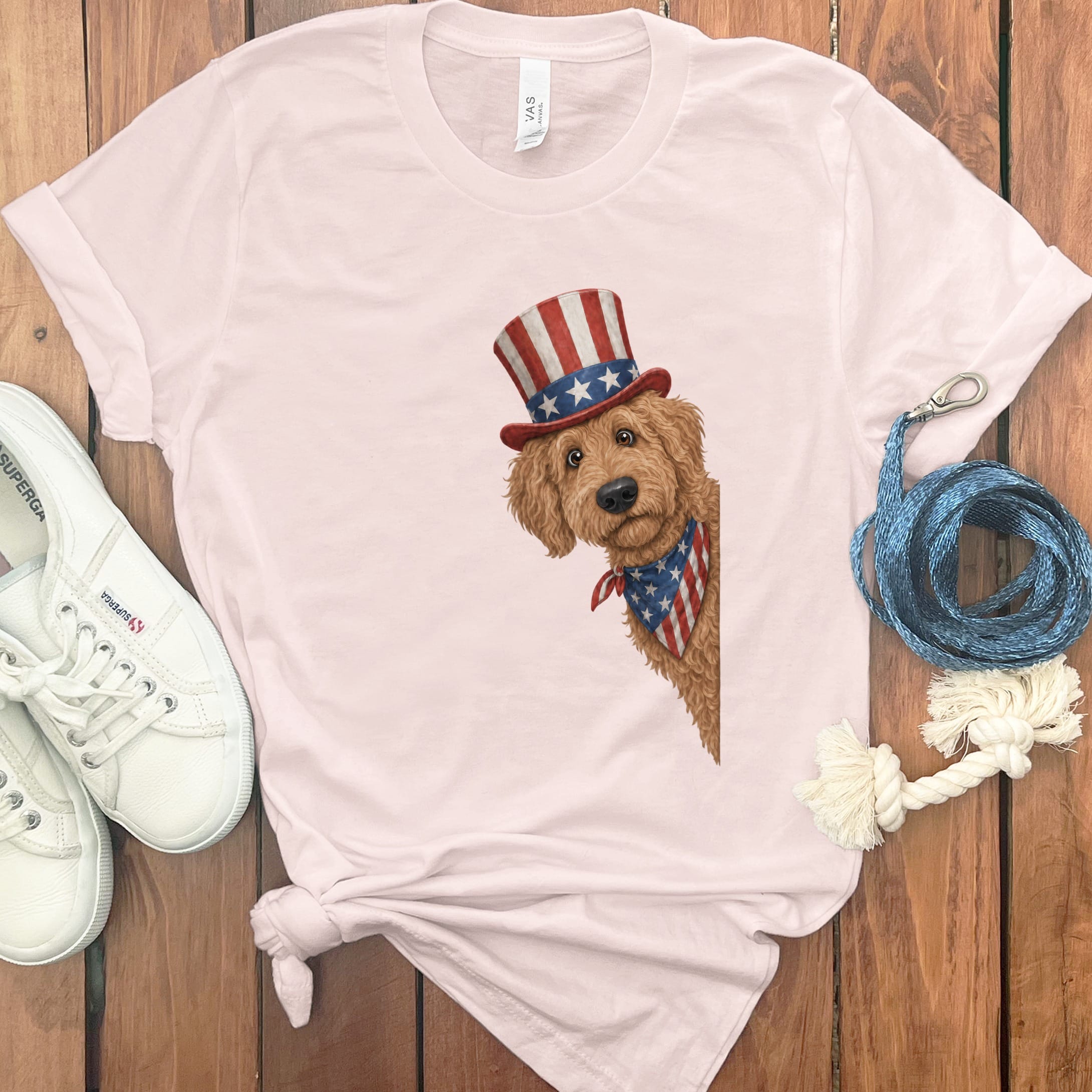 Patriotic Peeking Apricot Goldendoodle T-Shirt in Soft Pink / S by Puppy Jo