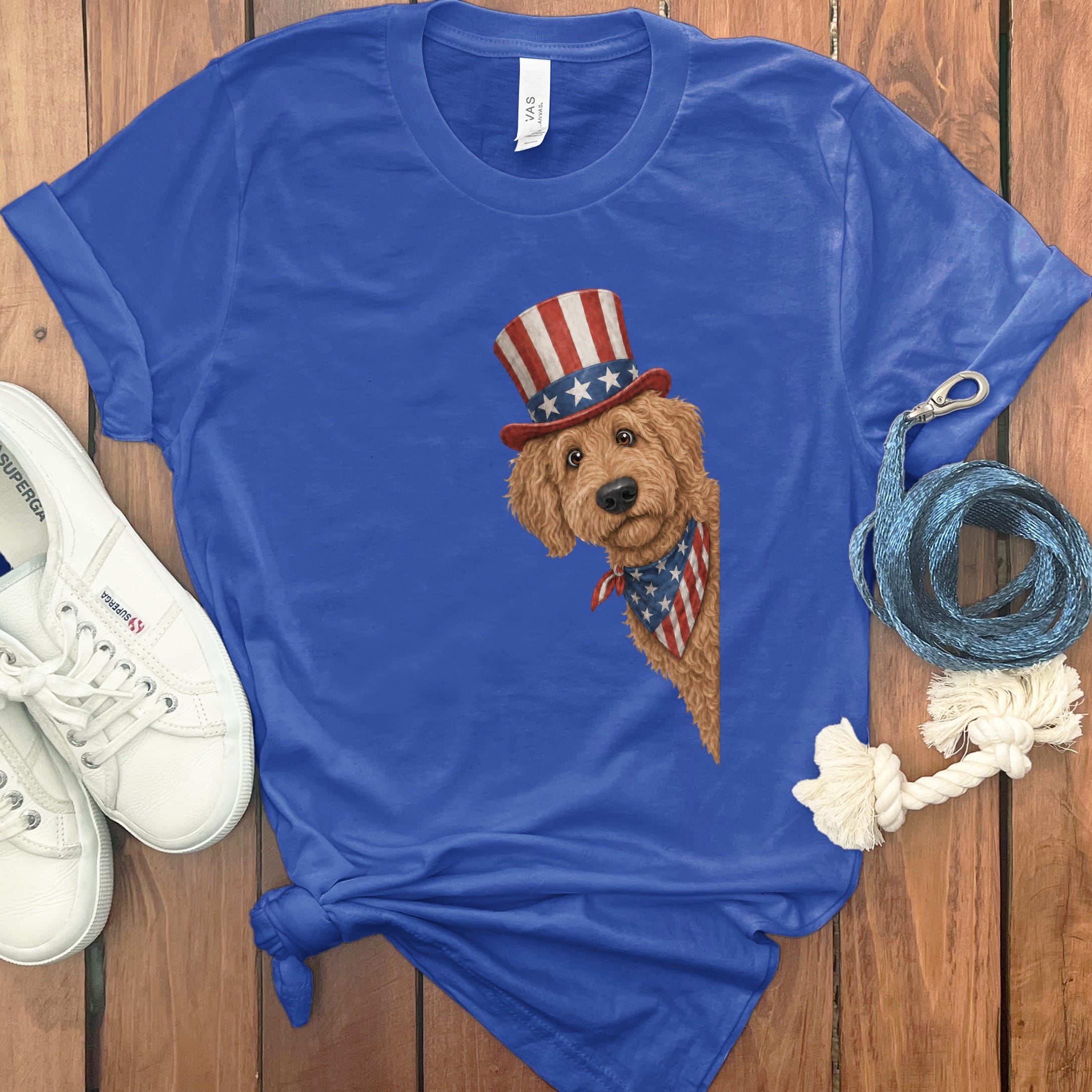 Patriotic Peeking Apricot Goldendoodle T-Shirt in True Royal / S by Puppy Jo