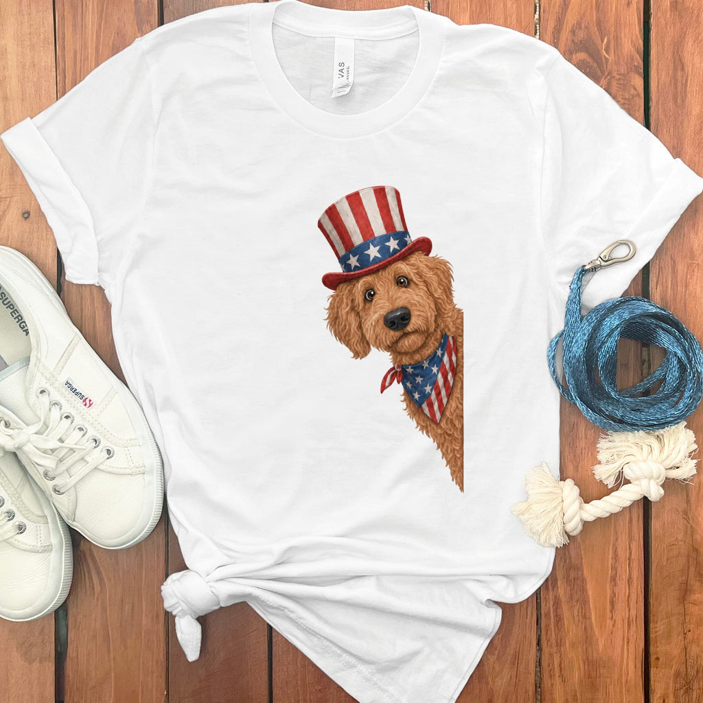 Patriotic Peeking Apricot Goldendoodle T-Shirt in White / S by Puppy Jo
