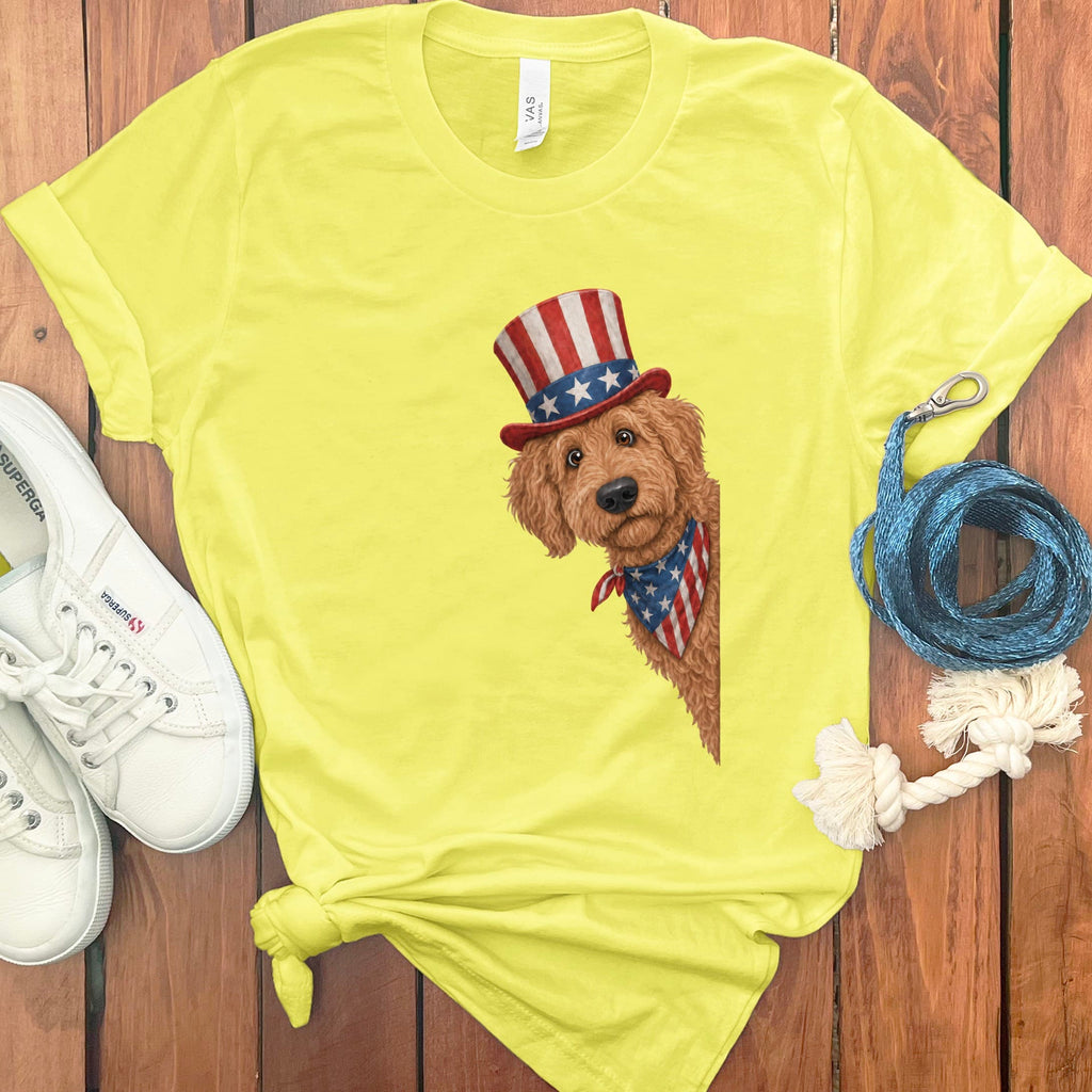 Patriotic Peeking Apricot Goldendoodle T-Shirt in Yellow / S by Puppy Jo