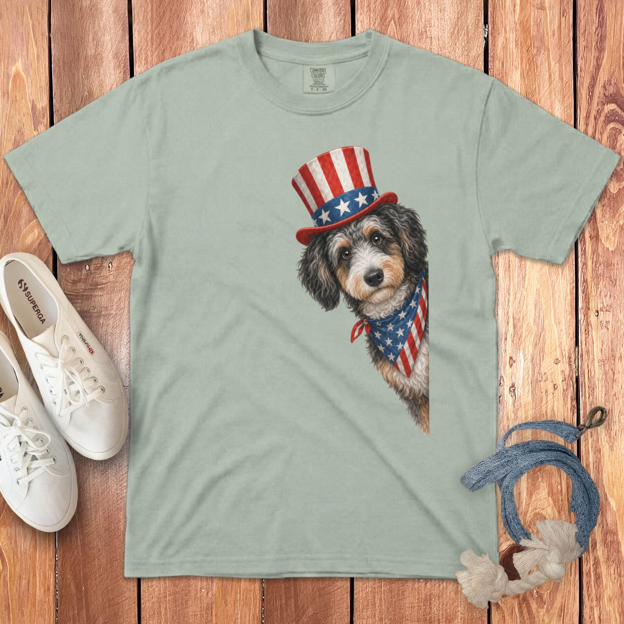 Patriotic Peeking Aussiedoodle Signature T-Shirt in Bay / S by Puppy Jo