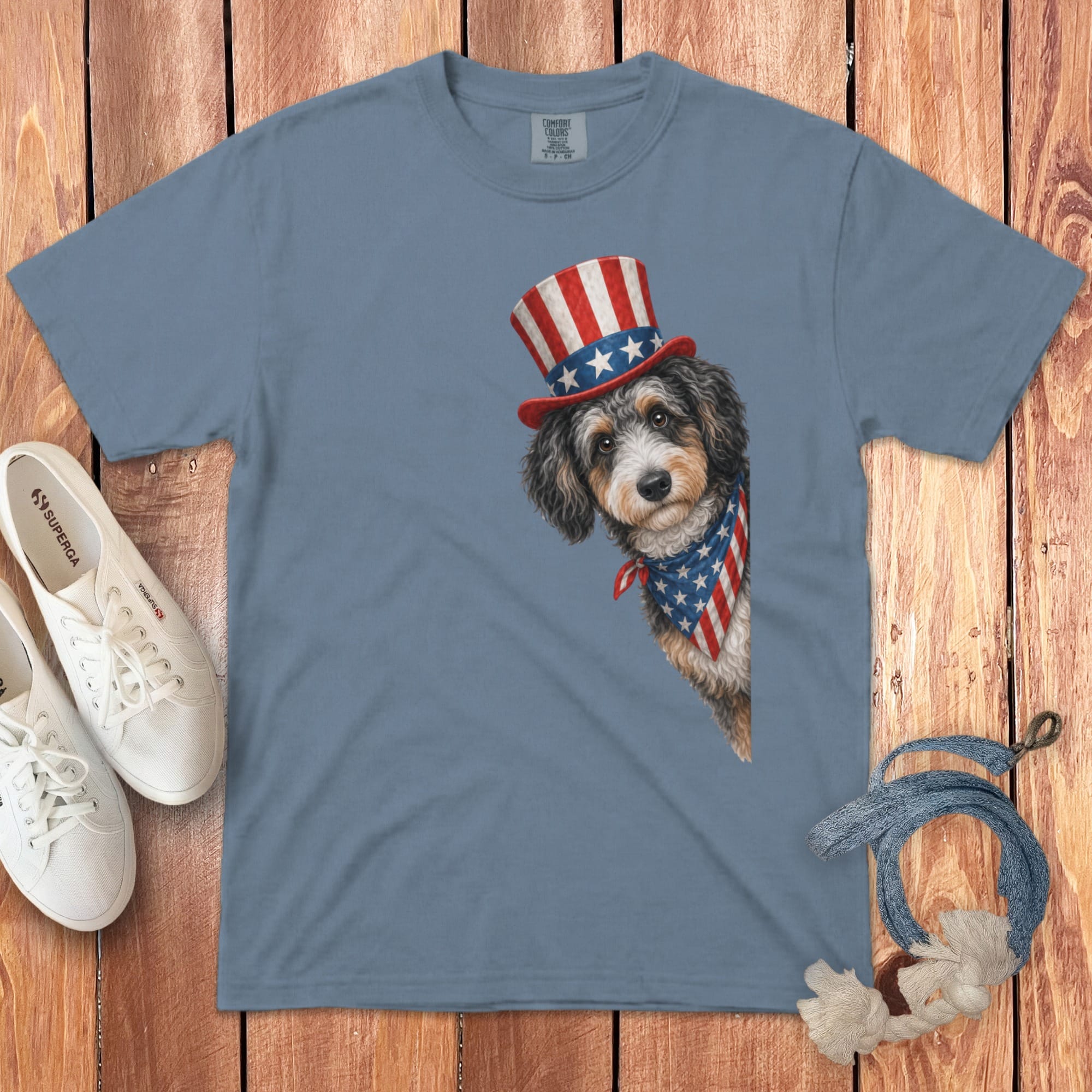 Patriotic Peeking Aussiedoodle Signature T-Shirt in Blue Jean / S by Puppy Jo