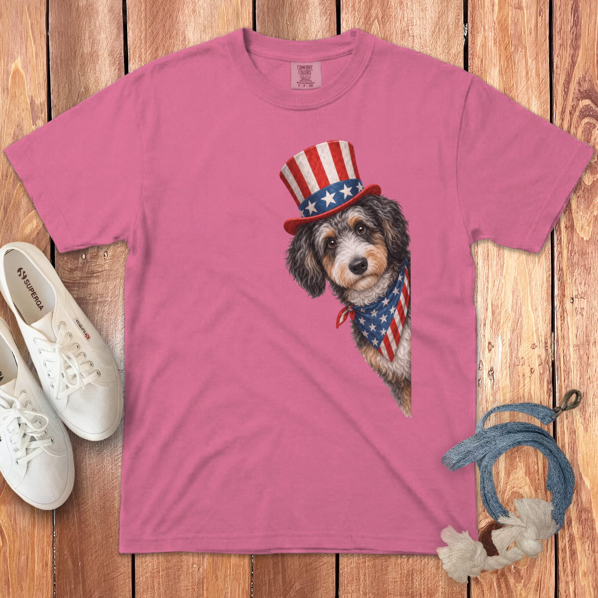 Patriotic Peeking Aussiedoodle Signature T-Shirt in Crunchberry / S by Puppy Jo