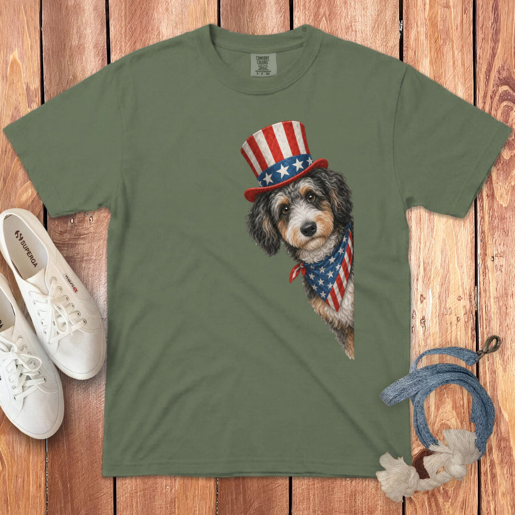 Patriotic Peeking Aussiedoodle Signature T-Shirt in Moss / S by Puppy Jo