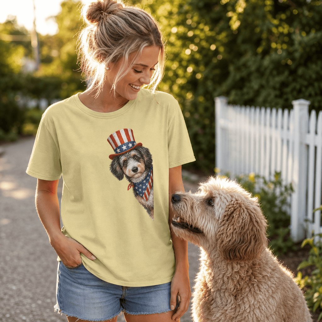 Patriotic Peeking Aussiedoodle Signature T-Shirt in by Puppy Jo