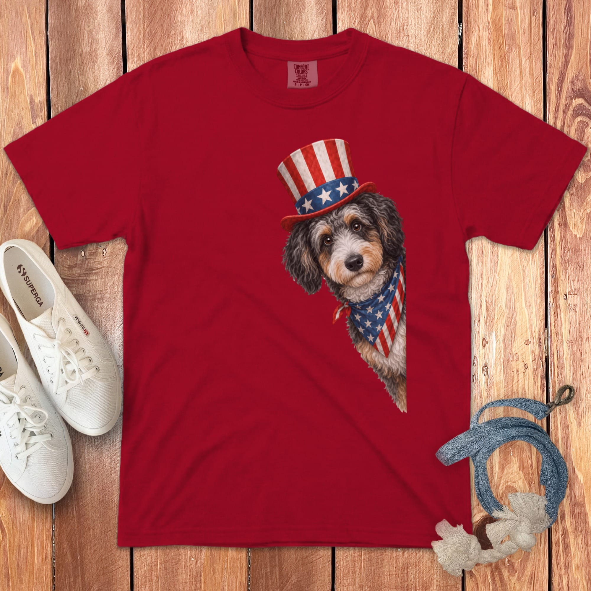 Patriotic Peeking Aussiedoodle Signature T-Shirt in Red / S by Puppy Jo