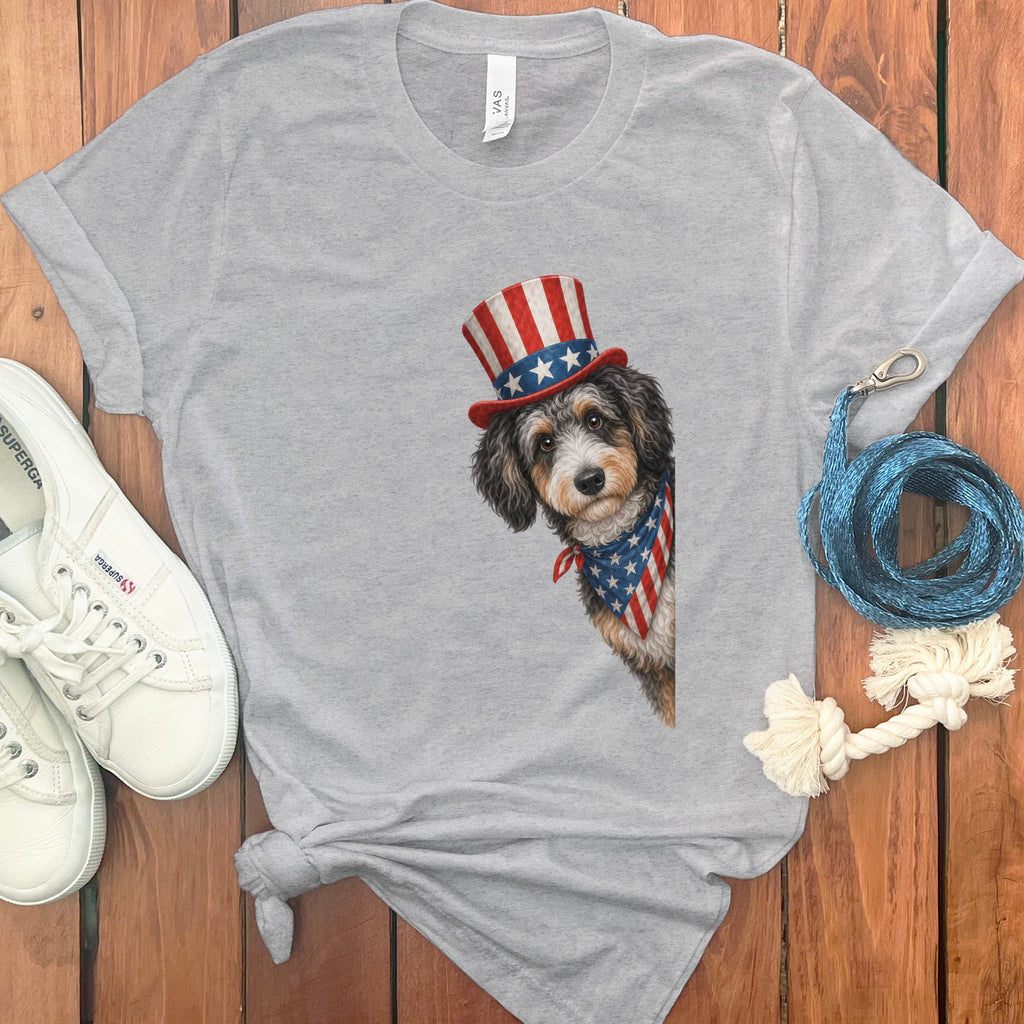 Patriotic Peeking Aussiedoodle T-Shirt in Athletic Heather / S by Puppy Jo