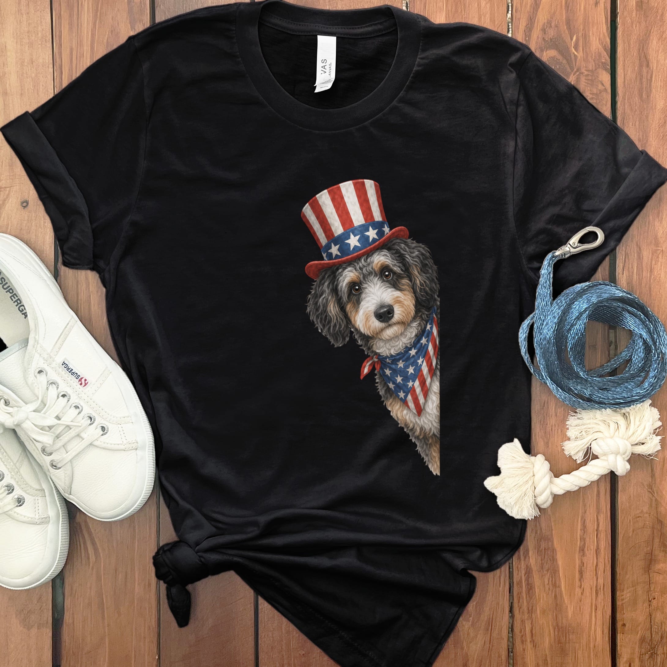 Patriotic Peeking Aussiedoodle T-Shirt in Black / S by Puppy Jo