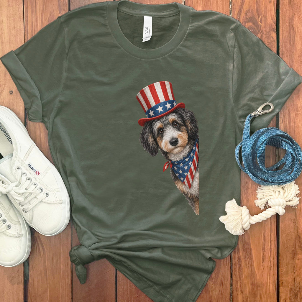 Patriotic Peeking Aussiedoodle T-Shirt in Military Green / S by Puppy Jo