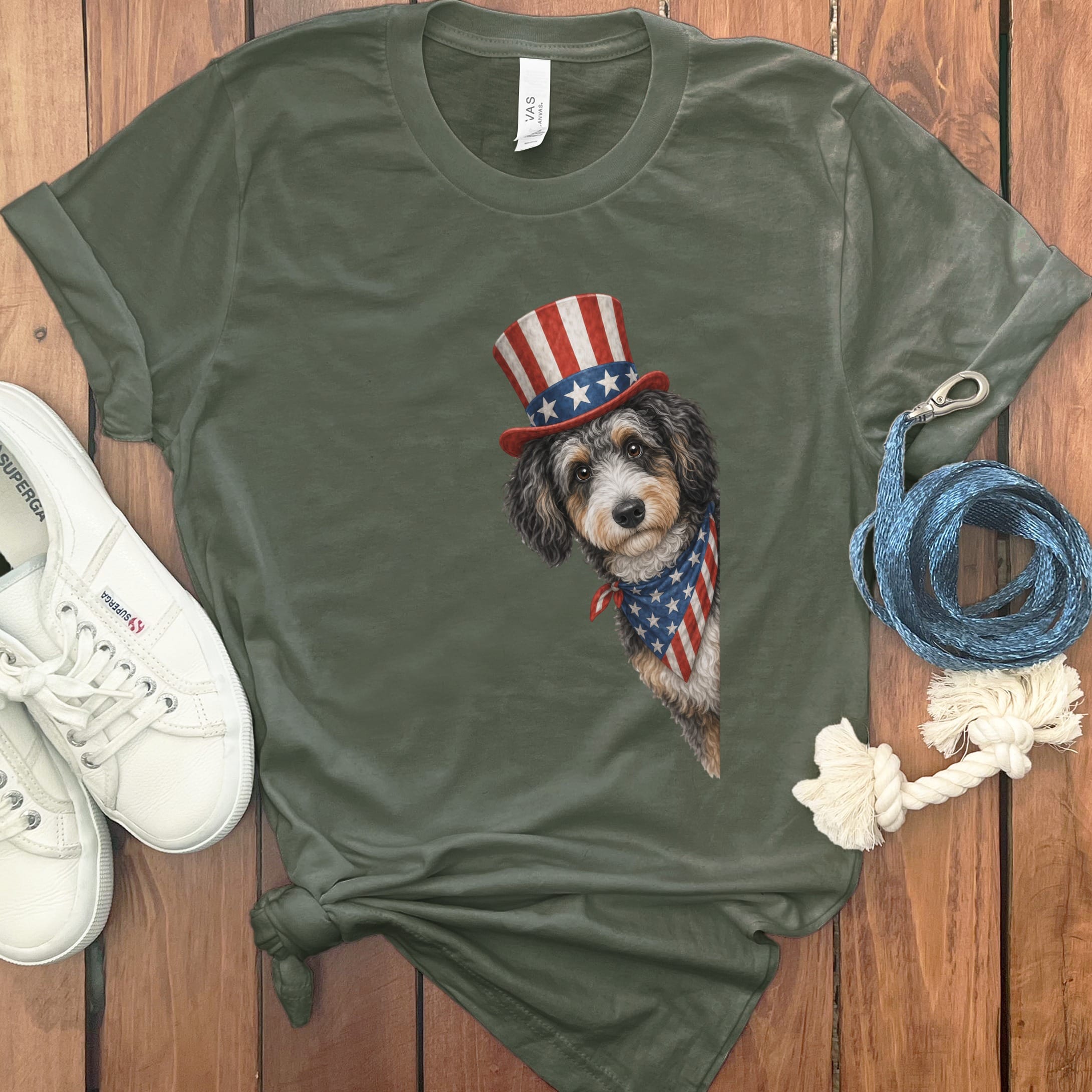 Patriotic Peeking Aussiedoodle T-Shirt in Military Green / S by Puppy Jo