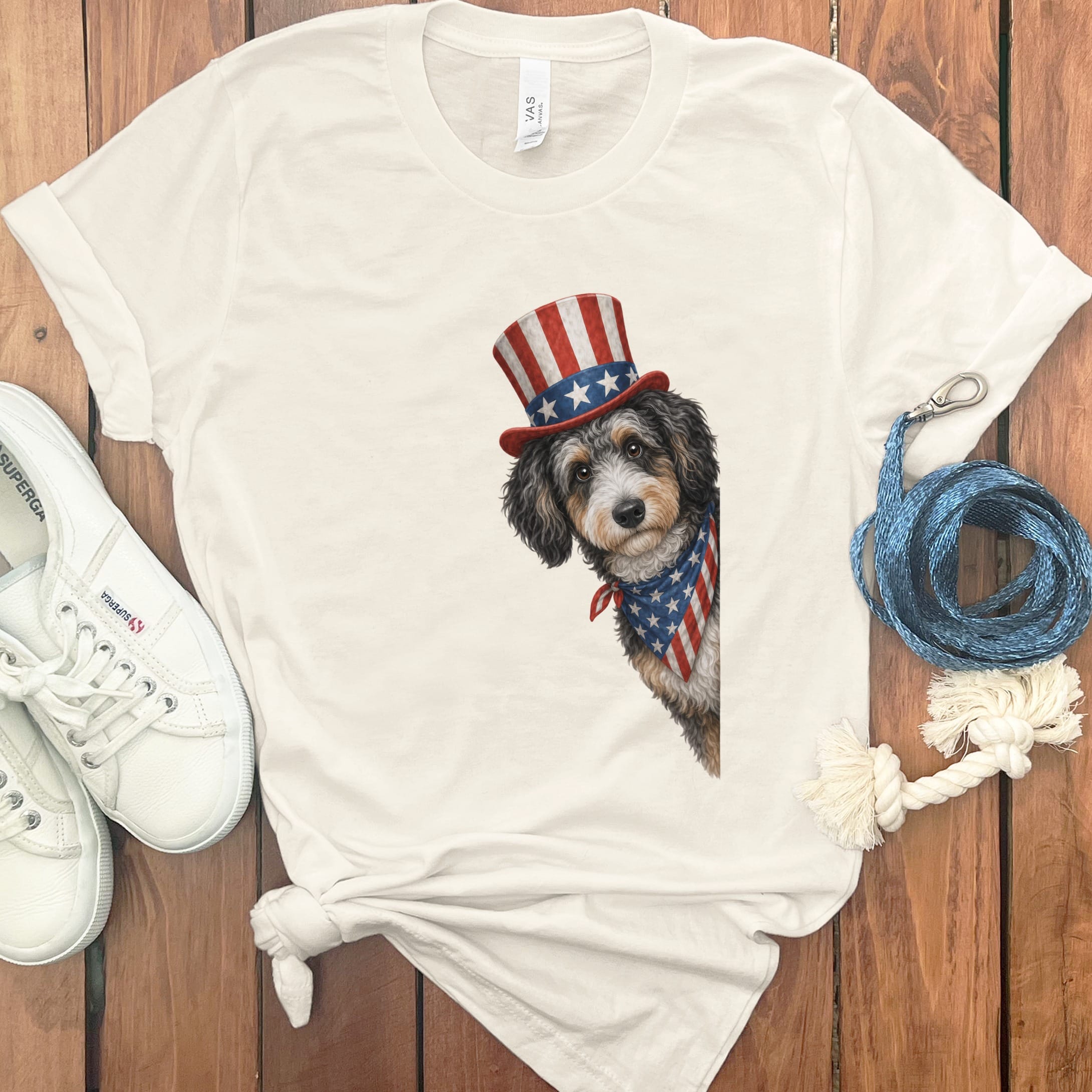 Patriotic Peeking Aussiedoodle T-Shirt in Natural / S by Puppy Jo